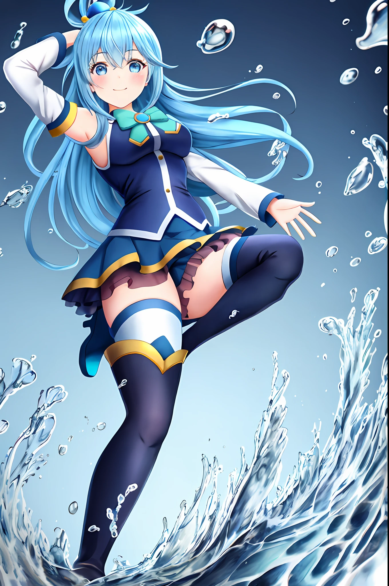 aqua \(konosuba\), mksks style, (very detailed background: 1.0), (very detailed background: 1.0), {Masterpiece}, high quality, 1 girl, blue eyes, blue shoes, blue hair, blue thighs, blush, boots, breasts, bubble, separate sleeves, hair ornament, hair rings, leg up, long hair, looking at the viewer, medium breasts, open hand, unique hair ring, skirt, alone, smile, alone, standing, standing on one leg, thigh high boots, thighs, very long hair, water, white thighs, kono subarashii sekai ni shukufuku wo!, Nude