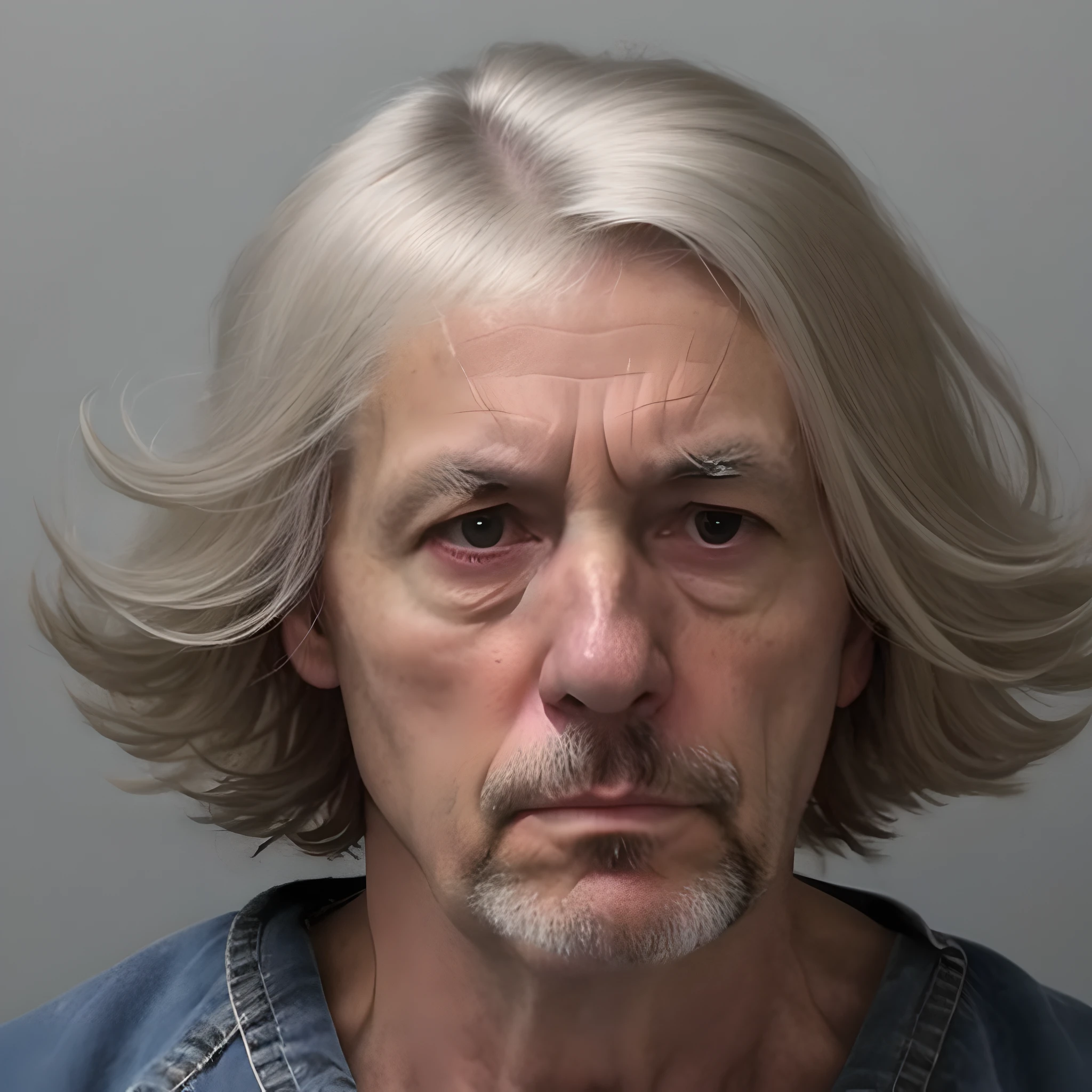 a close up of a person with a gray hair and a blue shirt, mug shot, photo of a 50-year-old white man, mugshot, taken in the early 2020s, criminal mugshot, mugshot!!!!!, taken in the late 2010s, front portrait, classified photo, headshot photo, profile image, toothy smilw