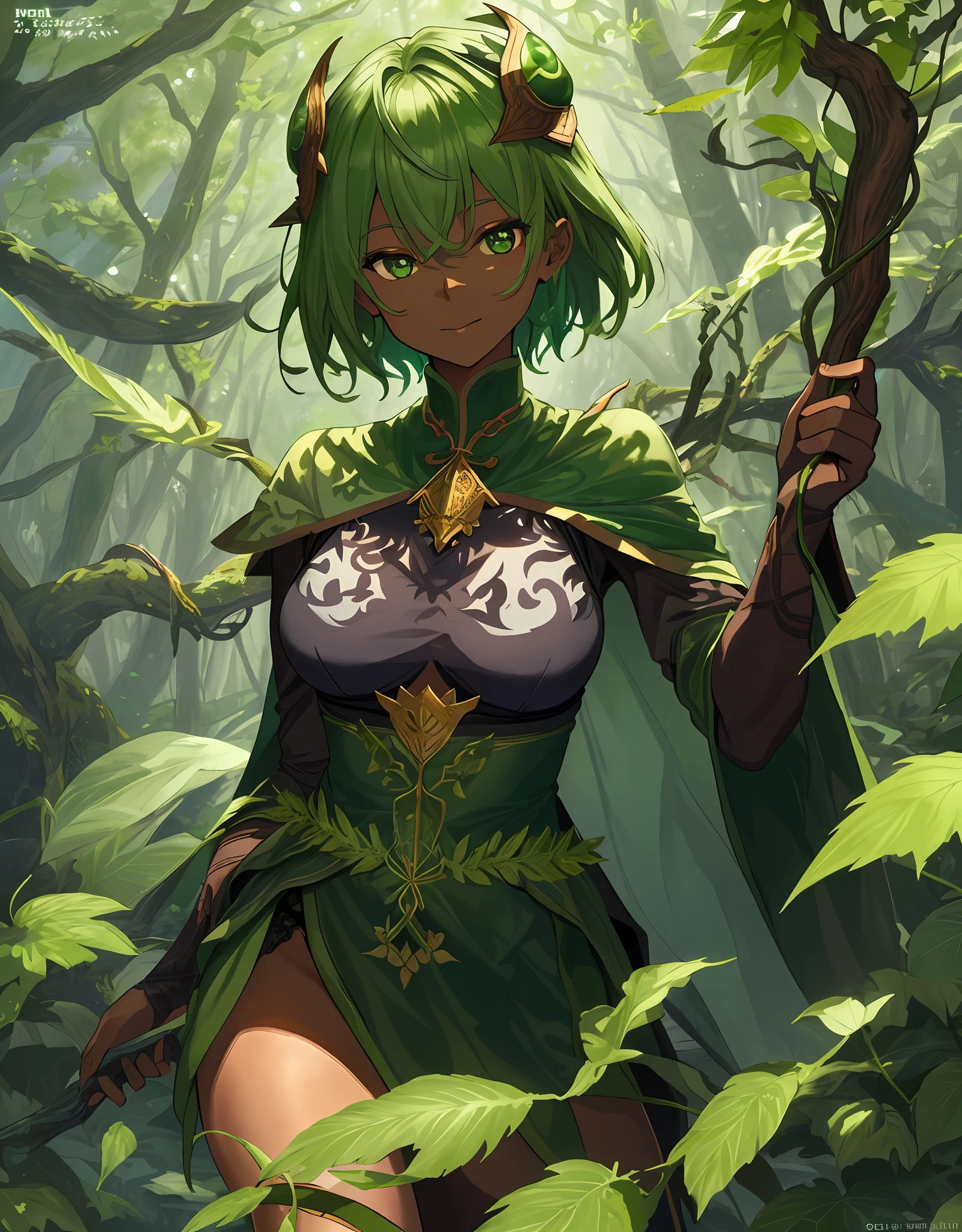 ファンタジー, 1forest_elemental_girl, dynamic_pose_fighting, (using_leaves_clothes, green_leaves_covered_breasts, leaves_covered_pussy)+++,big_tits,dynamic_pose_standing, light_smile, 眠い, medium_hair, へそ,(dark_skin)+, オイル, (winding_vine_around_torso)++, (ふっくらと)+,森, trees_background, leaves_headgear, green_leaves_cape, hold_large_long_staff, large_thighs, large_ass, solo,