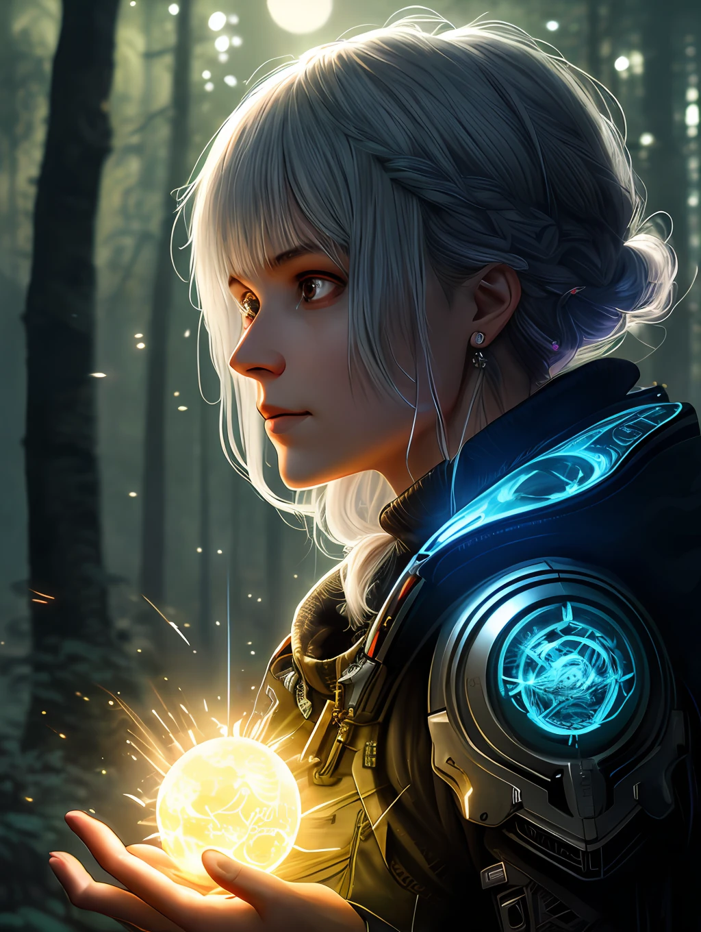 cyberpunk, female in the forest close-up, against the backdrop of the full moon, the sun's rays. Intricate Details, Natural Lighting, Sharp Focus, Translucency, Filigree, By Jesper Aising, Beeple, Greg Rutkowski, Artgerm, Trending On Artstation, Floating Glowing Particles, Emitting Diodes, By Unreal Engine Cinematic Smooth, Intricate Detailing, Octane Rendering, Vibrant Color, Intricate pen details, Ambient Occlusion, High Resolution, Centered, Watercolor painting