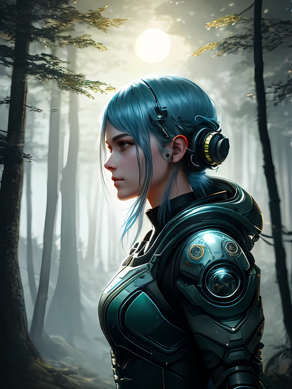 cyberpunk, female in the forest close-up, against the backdrop of the full moon, the sun's rays. Intricate Details, Natural Lighting, Sharp Focus, Translucency, Filigree, By Jesper Aising, Beeple, Greg Rutkowski, Artgerm, Trending On Artstation, Floating Glowing Particles, Emitting Diodes, By Unreal Engine Cinematic Smooth, Intricate Detailing, Octane Rendering, Vibrant Color, Intricate pen details, Ambient Occlusion, High Resolution, Centered, Watercolor painting