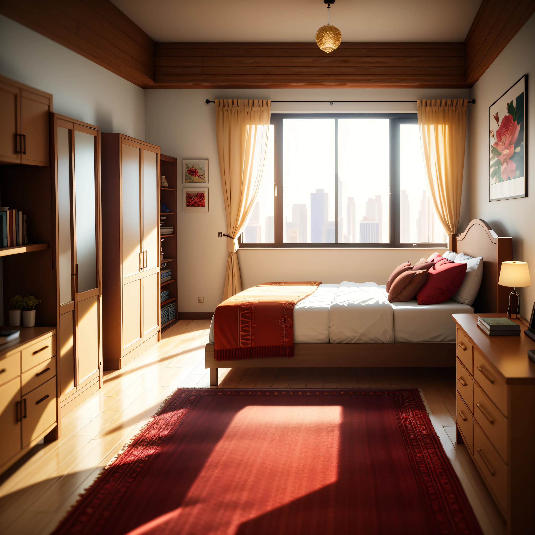 interior of a double bedroom, with a box-type bed with red bedding, with cushions with jaguar design, a headboard in rustic wood, with a rustic modern wardrobe with mirror on two doors, a carpet on the floor, clear and modern lighting, some decorations and flower pots, a large window of single glass with white curtains, and white walls with graffiti style, interior architecture, Art Deco, modern, ray tracing, super detail, best quality, highres, 8k, 16k, best quality
