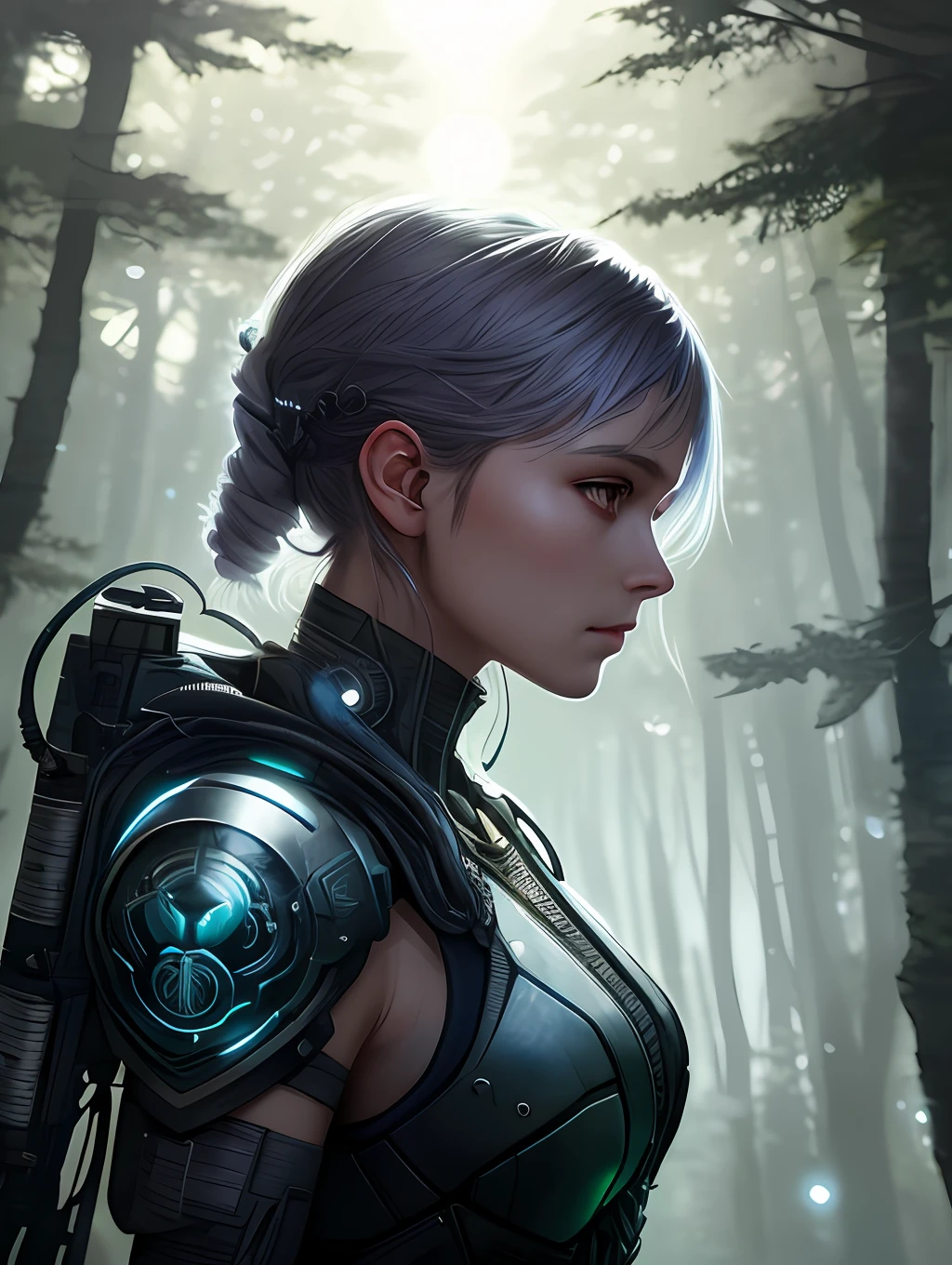 cyberpunk, female in the forest close-up, against the backdrop of the full moon, the sun's rays. Intricate Details, Natural Lighting, Sharp Focus, Translucency, Filigree, By Jesper Aising, Beeple, Greg Rutkowski, Artgerm, Trending On Artstation, Floating Glowing Particles, Emitting Diodes, By Unreal Engine Cinematic Smooth, Intricate Detailing, Octane Rendering, Vibrant Color, Intricate pen details, Ambient Occlusion, High Resolution, Centered, Watercolor painting