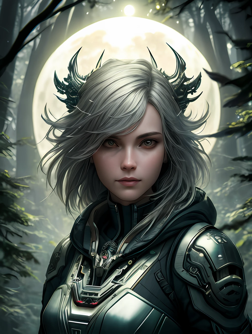 cyberpunk, female in the forest close-up, against the backdrop of the full moon, the sun's rays. Intricate Details, Natural Lighting, Sharp Focus, Translucency, Filigree, By Jesper Aising, Beeple, Greg Rutkowski, Artgerm, Trending On Artstation, Floating Glowing Particles, Emitting Diodes, By Unreal Engine Cinematic Smooth, Intricate Detailing, Octane Rendering, Vibrant Color, Intricate pen details, Ambient Occlusion, High Resolution, Centered, Watercolor painting