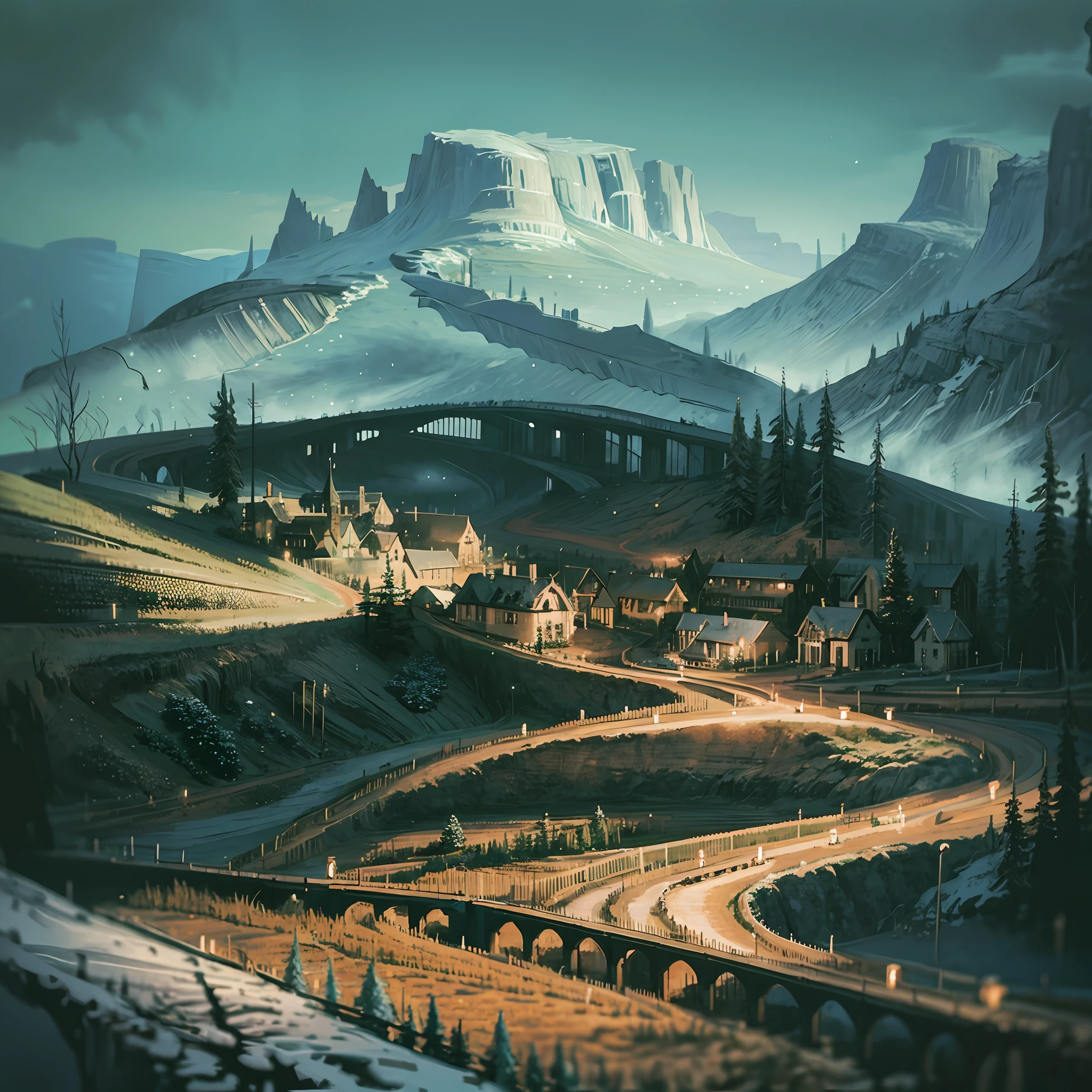a landscape painting of summer night in norway, wineries, village, with cars, lush slopes, forests, whimsical with stacked trees, wide shot