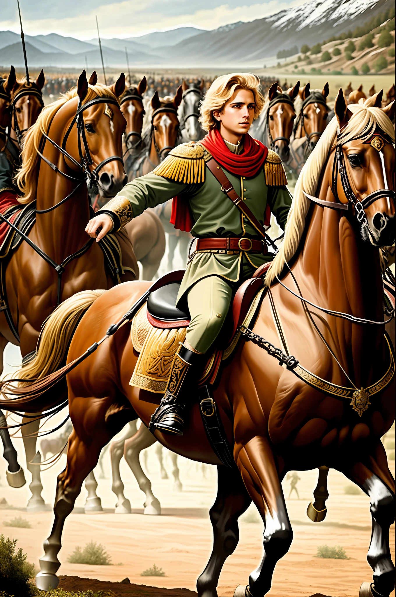 Alexander the Great on his horse with his large army in the background, historical, realistic, cinematic scene, dramatic