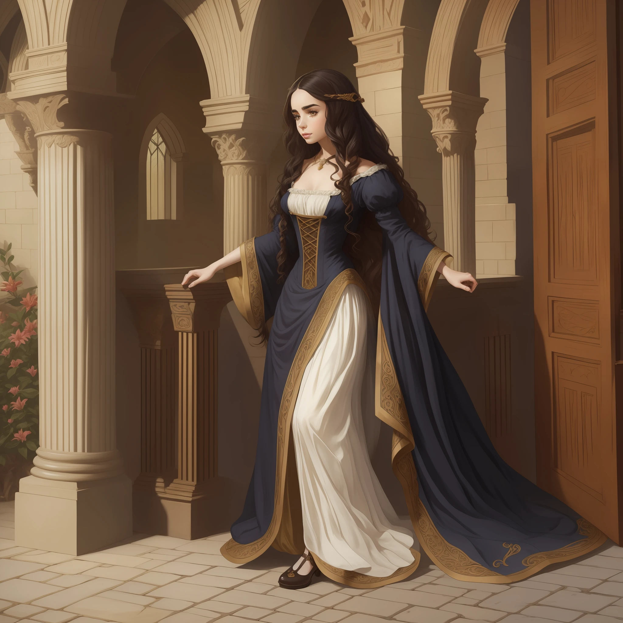 Lily Collins with long black curly hair in a medieval chemise, medieval plebeian clothing, an illustration is detailed, smooth and glossy, full body, HD artwork by Justin Gerard