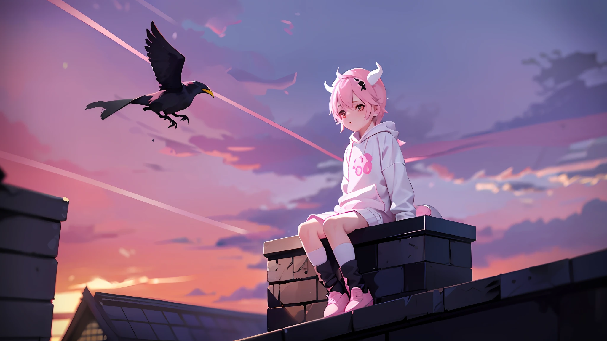 anime boy sitting on a ledge with a crow in the background, boy sitting on a roof, (Pink Hat:1.2),(White Horns:1.1),(White Demon Boy:1.5),(Pink Sweatshirt:1.3),(Pink Iconic Character:1.3)