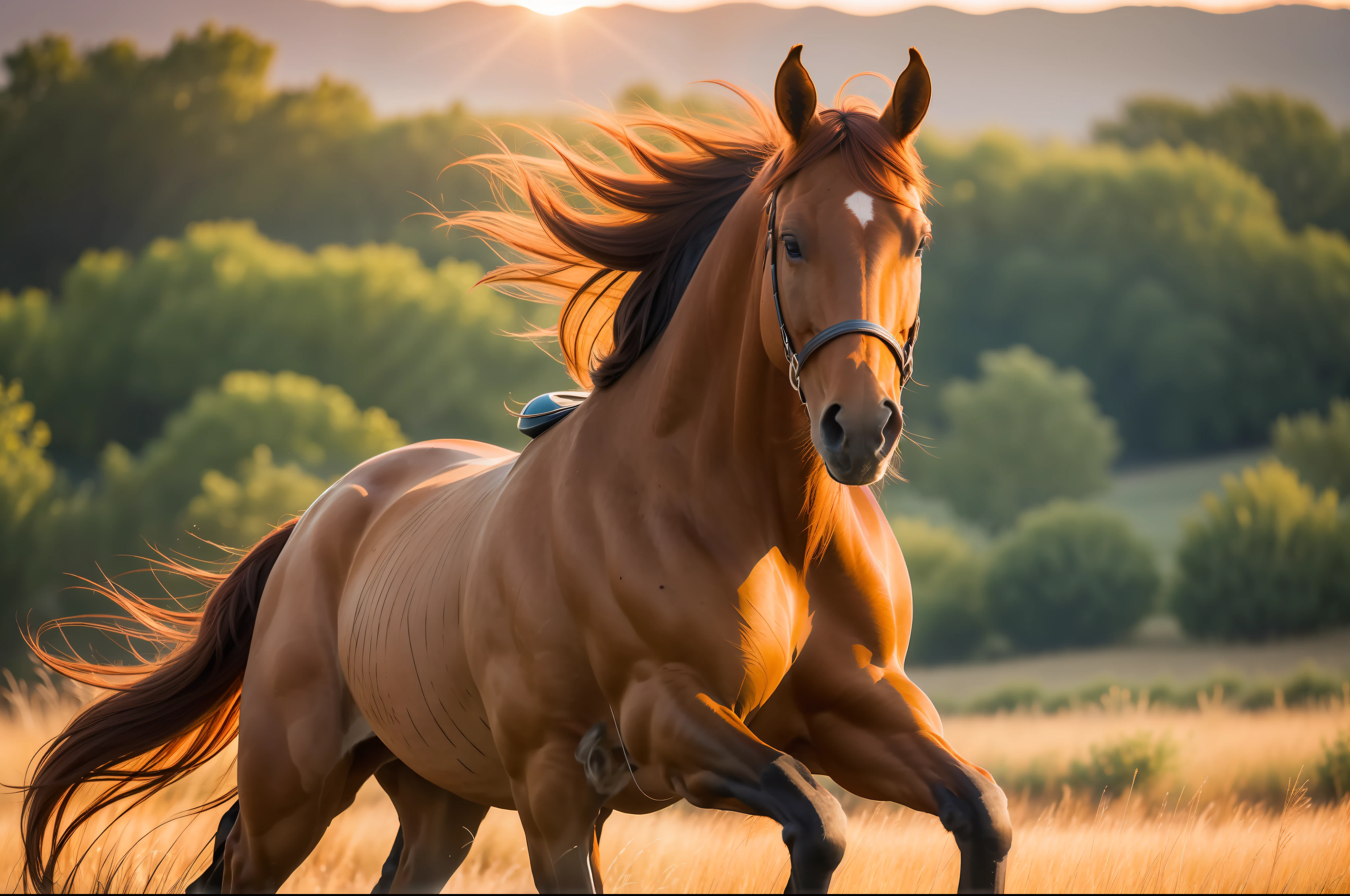 A brown-red horse galloped across the steppe in the setting sun, full limbs, long mane,
