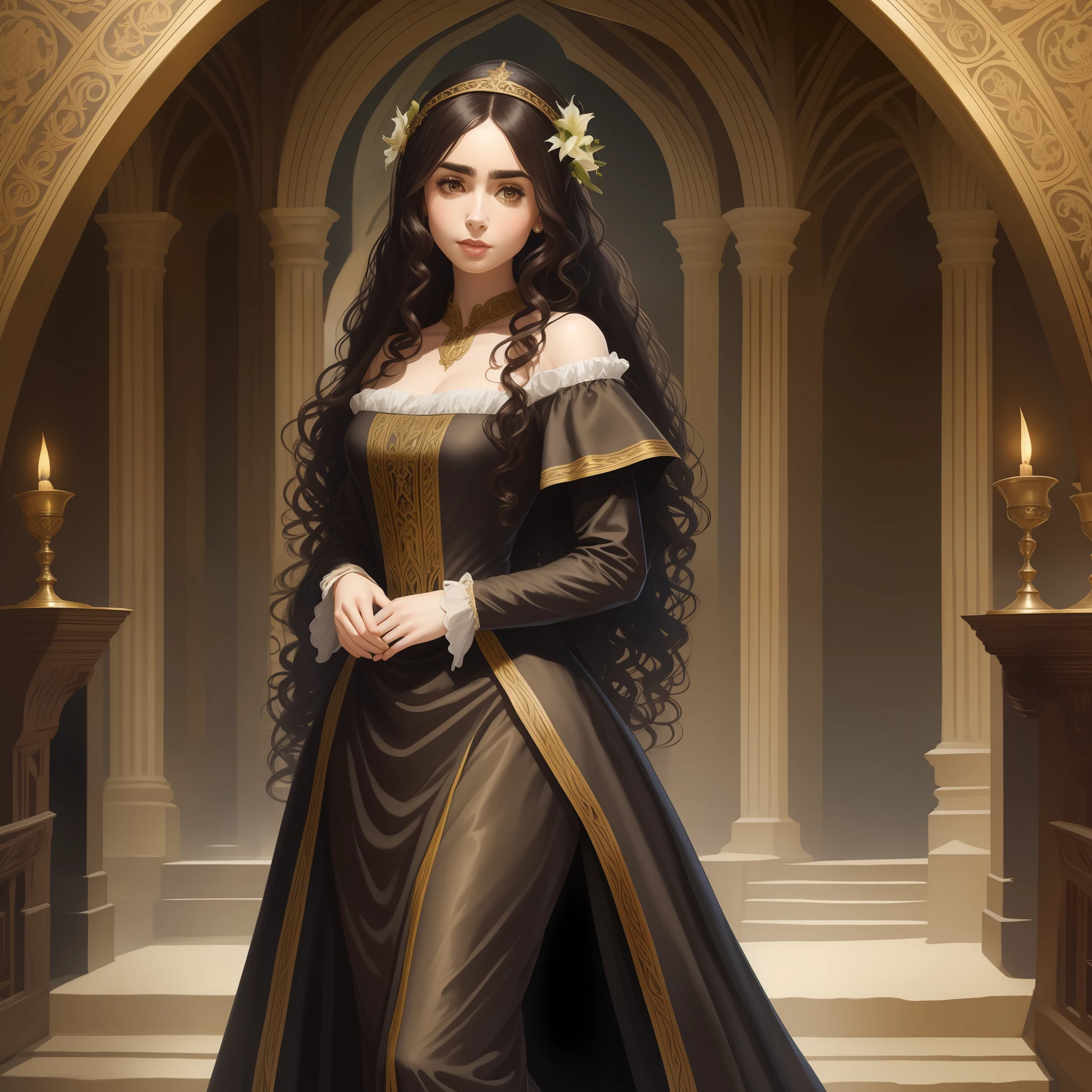 Lily Collins with long black curly hair in a medieval chemise, medieval plebeian clothing, an illustration is detailed, smooth and glossy, full body, HD artwork by Justin Gerard