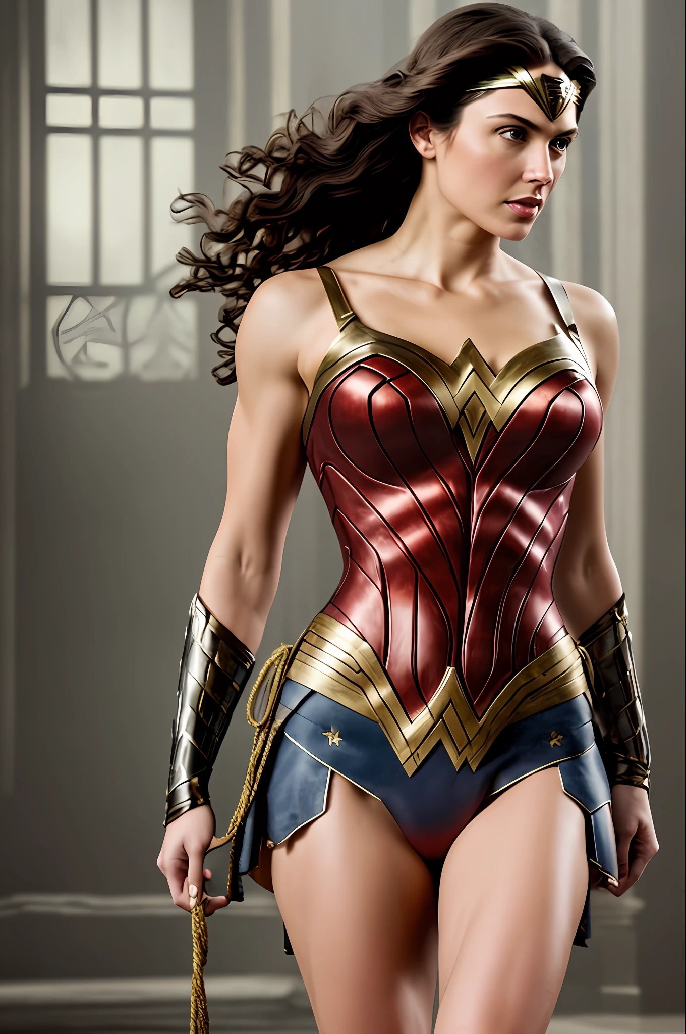 Create a cinematic masterpiece in soft lighting and soothing detail that showcases a realistic and incredibly detailed Victorian-era rendering of Wonder Woman's full-body, muscular fitness body armor at an octane-driven 16k resolution. Incorporate the trendy Artstation aesthetic while utilizing the full potential of Stable Diffusion technology to produce an impressive, ultra-realistic end result