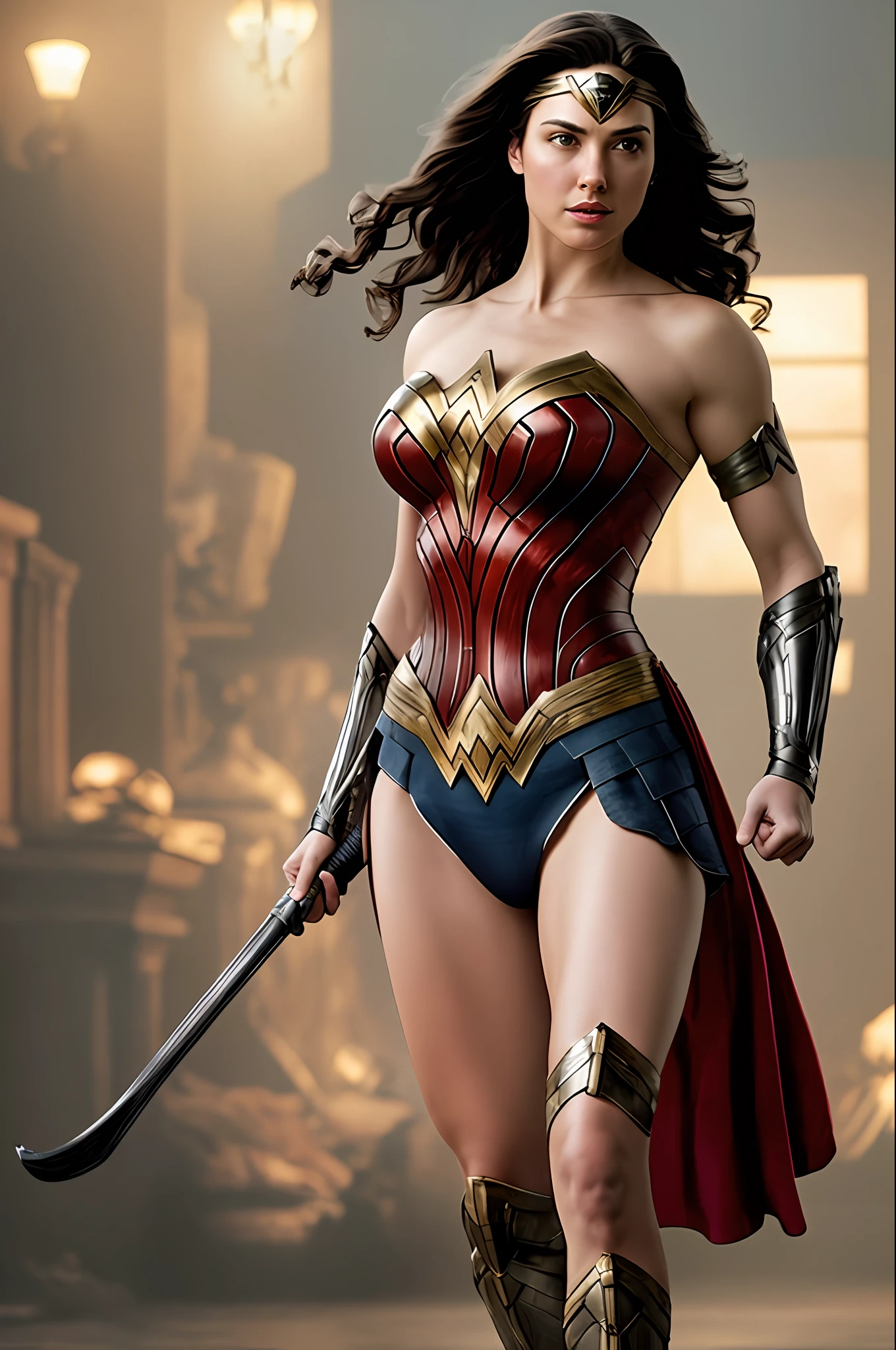 Create a cinematic masterpiece in soft lighting and soothing detail that showcases a realistic and incredibly detailed Victorian-era rendering of Wonder Woman's full-body, muscular fitness body armor at an octane-driven 16k resolution. Incorporate the trendy Artstation aesthetic while utilizing the full potential of Stable Diffusion technology to produce an impressive, ultra-realistic end result