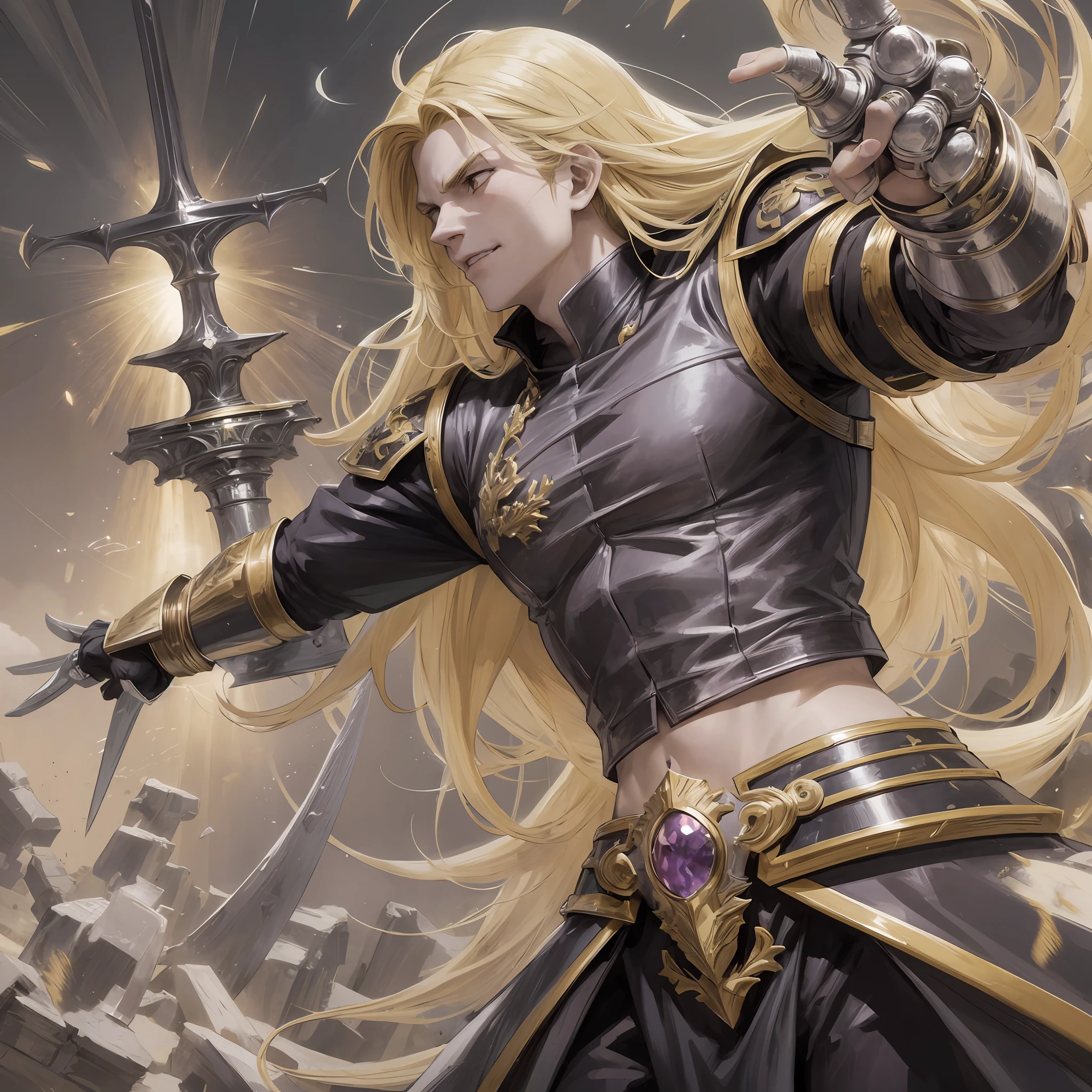 Anime, long blonde hair, male, sad face, pointing, wearing a paw, gauntlet sword, black clothes, gothic, sarcastic smile, furious, arms outstretched, holding a gauntlet sword paw, cold, shadow powers, frozen place, next to a giant made of shadows, shadows, dark giant