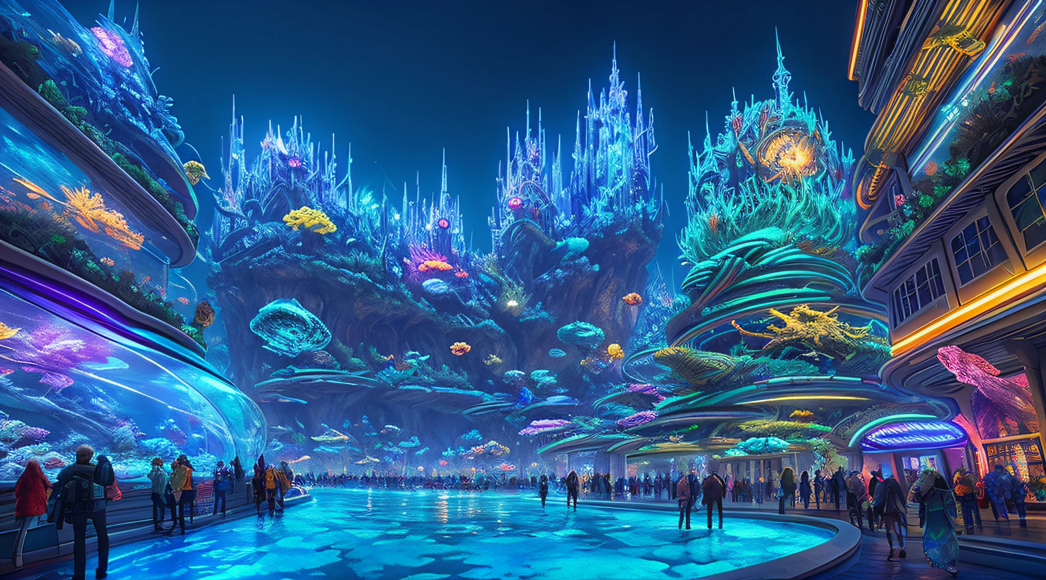 epic fantasy concept, a modern transparent building at night as a huge aquarium containing marine lifeforms, pretty colorful lights decorations, wide shot, 8k octane render, photorealistic, cinematic lighting, detailed building, detailed fish