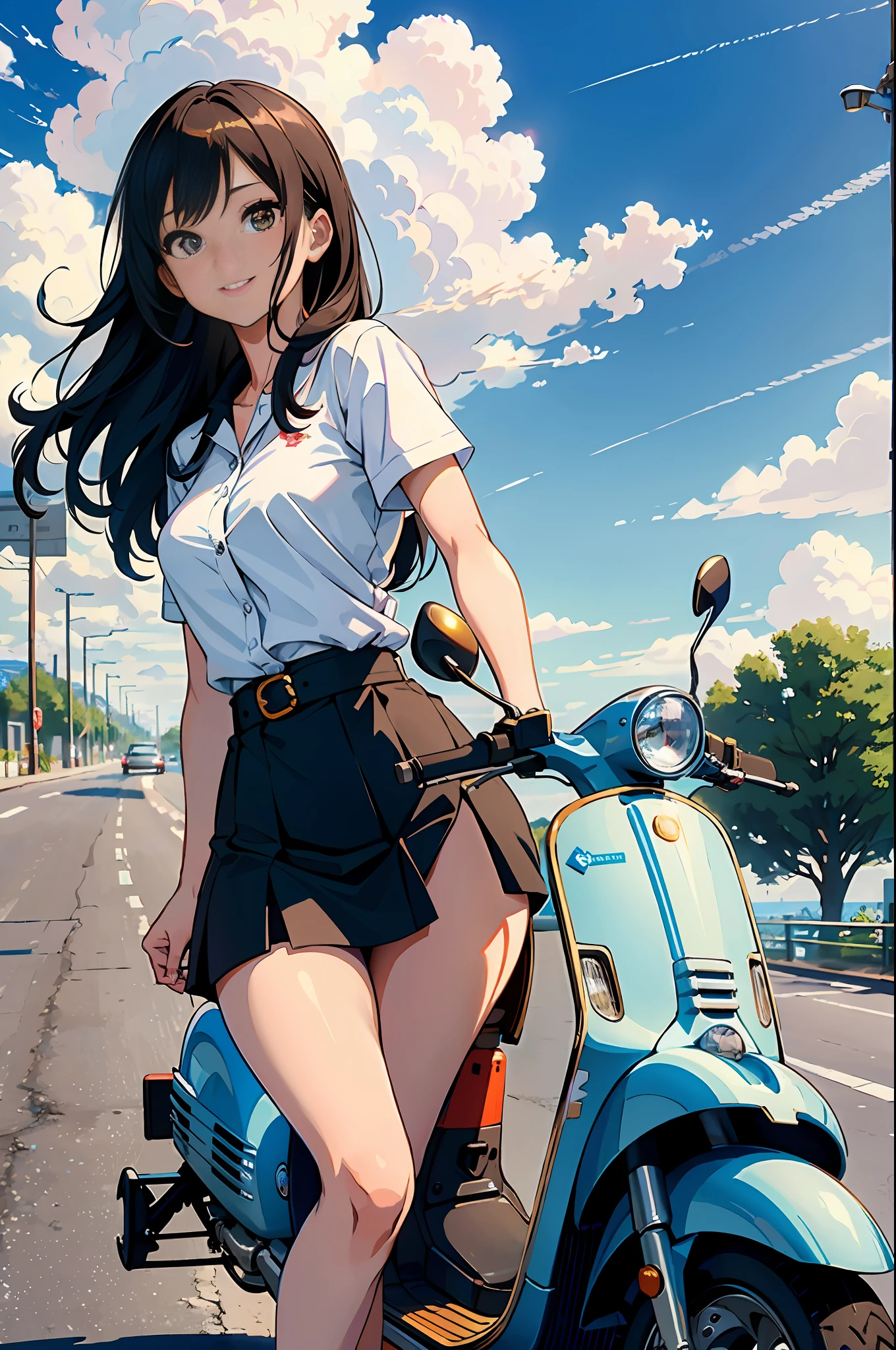 (masterpiece, top quality: 1.2), super detailed, cinematic lighting, HDR, beautiful girl straddling a scooter, looking at camera with one foot on the road surface, vespa, brown long hair, from the front, sun, clouds, sunlight through trees, contrails, rays, sea, slim body, hot pants, white blouse, beautiful smile, beautiful girl with whole body, clean detailed face, complex clothes, shining shadows, Beautiful gradient, depth of field, pretty image, high quality, high resolution, high resolution, cute face, slim body, nice hips, southern European town,
