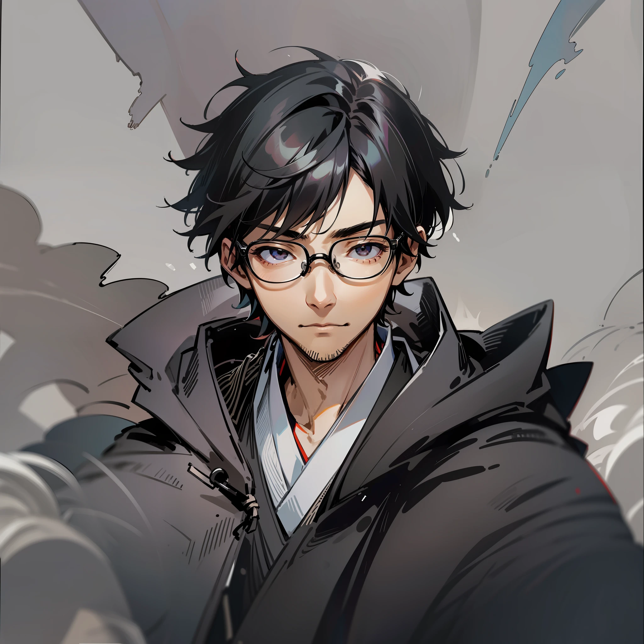 A japanese man with short, black hair. He has dark eyes, and wears a black cloak with a white-button up shirt underneath. He has black-framed glasses.