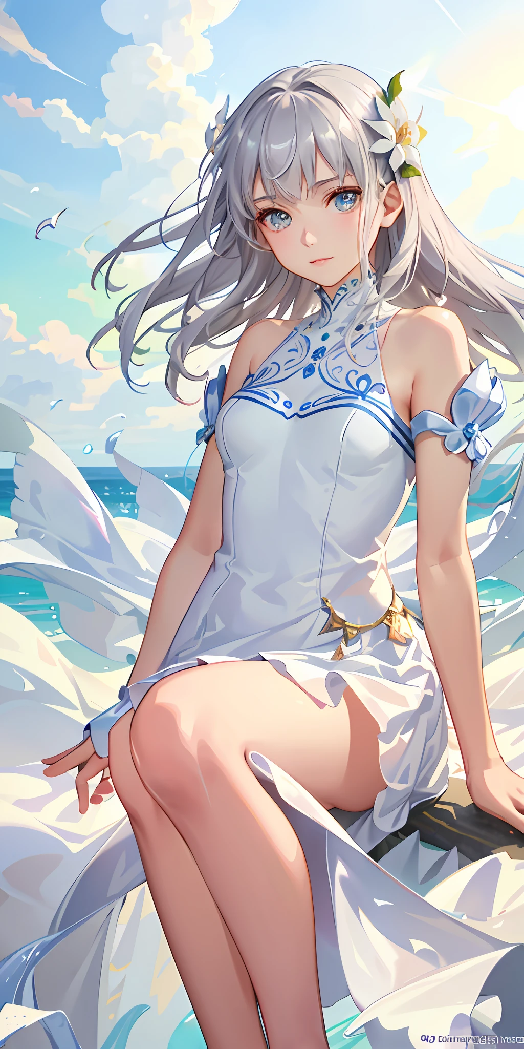 Top quality, high quality texture, fine-grained, realistic expression of face, detailed skin, anime, girl, gentle eyes, sexy, mix, model, illustration, portrait, knee up, ws, semi-real, princess, dress, white dress, fair skin, wind flower, meadow, water lake, sun, light, (small breasts), gray hair