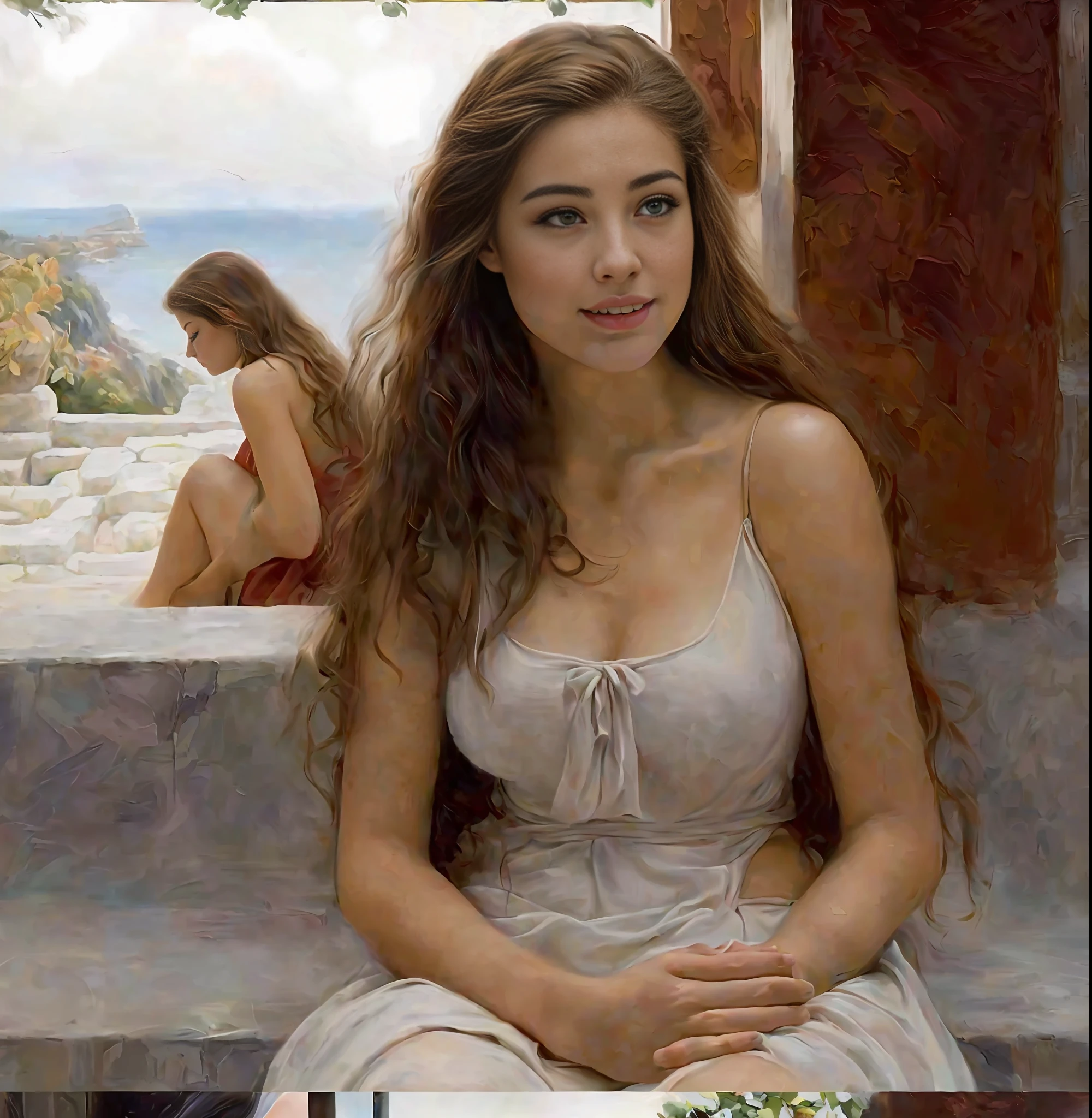 there is a woman sitting on a bench with a cake, realistic fantasy painting, realistic painting, portrait of teenage aphrodite, beautiful realistic painting, hyperrealistic fantasy art, realistic cute girl painting, very realistic painting effect, greek myth digital painting, portrait of megara, realistic art, super realistic painting style, realistic painting style, vitaly bugarov