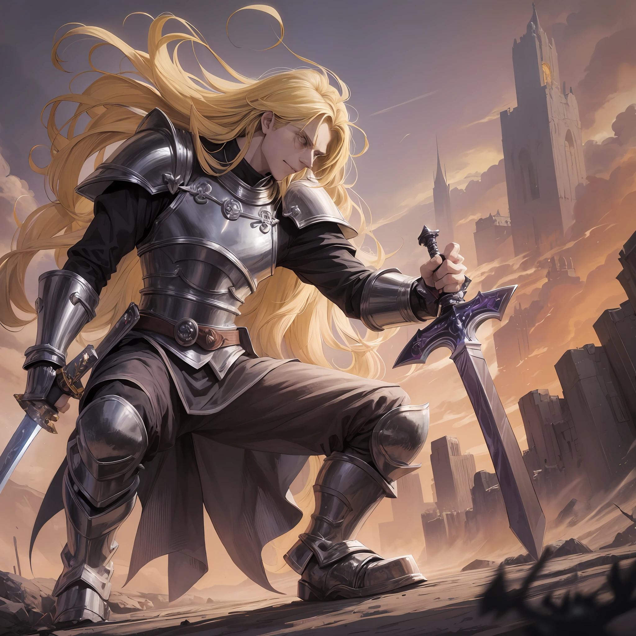 Anime, long blonde hair, male, sad face, pointing, wearing a paw, gauntlet sword, black clothes, gothic, sarcastic smile, furious, arms outstretched, holding a gauntlet sword paw, cold, shadow powers, frozen place, next to a giant made of shadows, shadows, dark giant