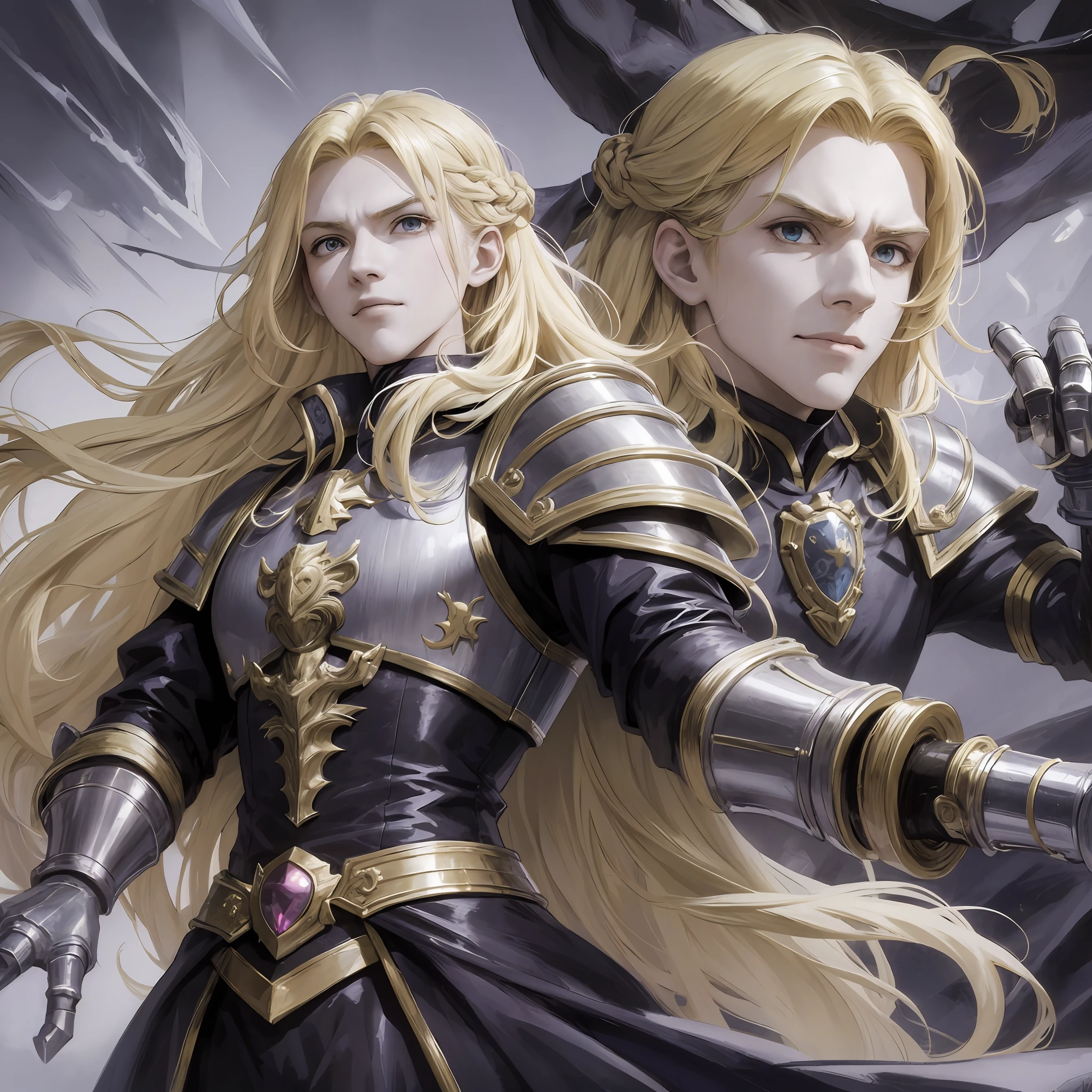 Anime, long blonde hair, male, sad face, pointing, wearing a paw, gauntlet sword, black clothes, gothic, sarcastic smile, furious, arms outstretched, holding a gauntlet sword paw, cold, shadow powers, frozen place, next to a giant made of shadows, shadows, dark giant