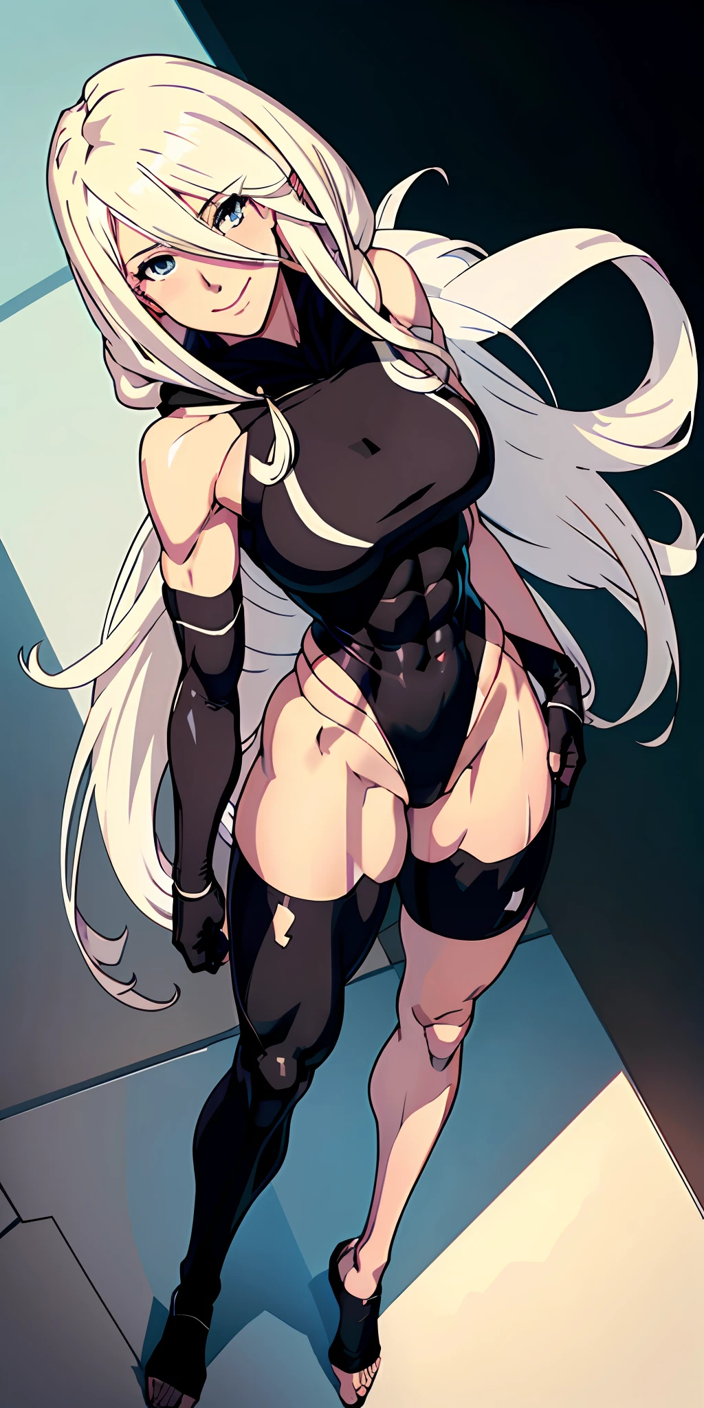 anime waifu bodybuilder, beautiful face, smiling face, perfect body, fit body, looking at some object underneath, abdomen, large breasts, muscular, ((hair) long and blonde), ((clothing) white color tight swimsuit, torn), (torn cape at the tip covering the body of black color, and hood covering the head of black color), character A2, (white and torn bandages on the arms and legs),  (((top view)))