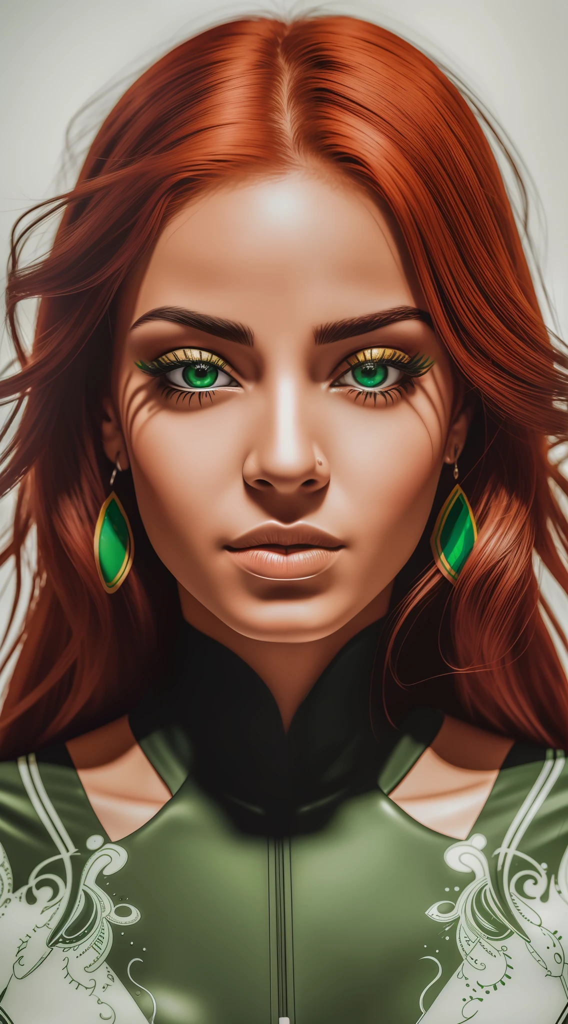 realistic image of a (((Brazilian woman))) with red hair and light green eyes, with black comic book style outlines, white background, intricate details, splash, low key, RAW photo, 8k uhd, dslr, soft lighting, high quality, film grain, Fujifilm XT3, (high detailed skin:1.2)