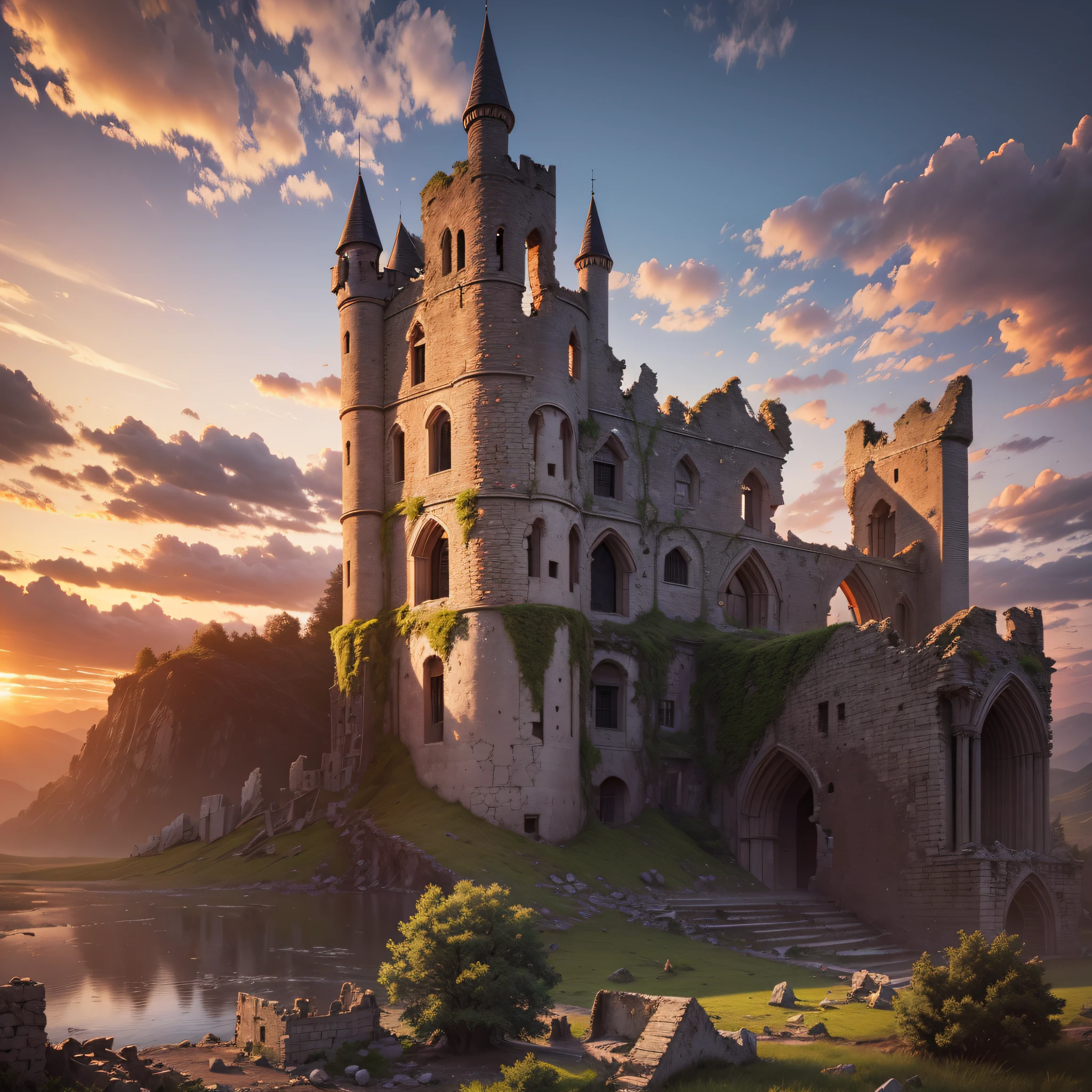 Castle in Ruins, 4k ultra realistic, medieval, hd, cinematic, sharp, sunset, dark --auto --s2