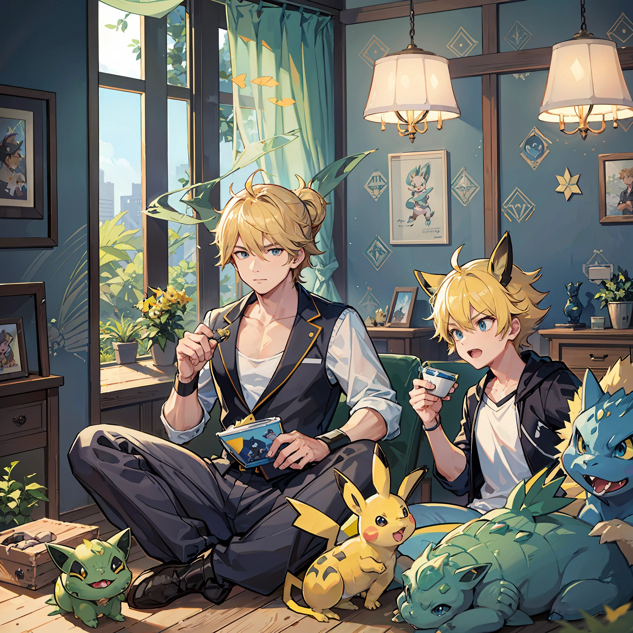 Steve irwin, 1 boy, male focus, blonde hair,  training Pikachu, Vaporeon, Jolteon and Bulbasaur in a Pokemon Gym