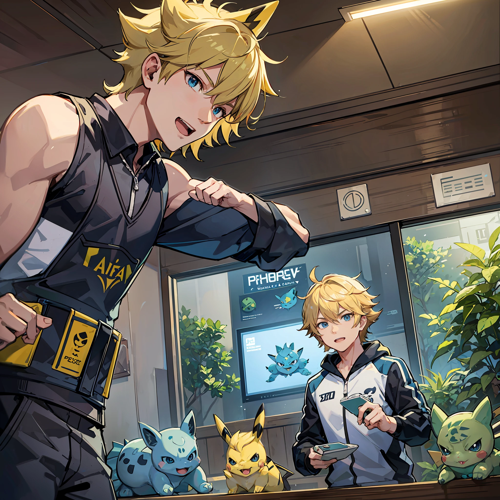 Steve irwin, 1 boy, male focus, blonde hair, training Pikachu, Vaporeon, Jolteon and Bulbasaur in a Pokemon Gym
