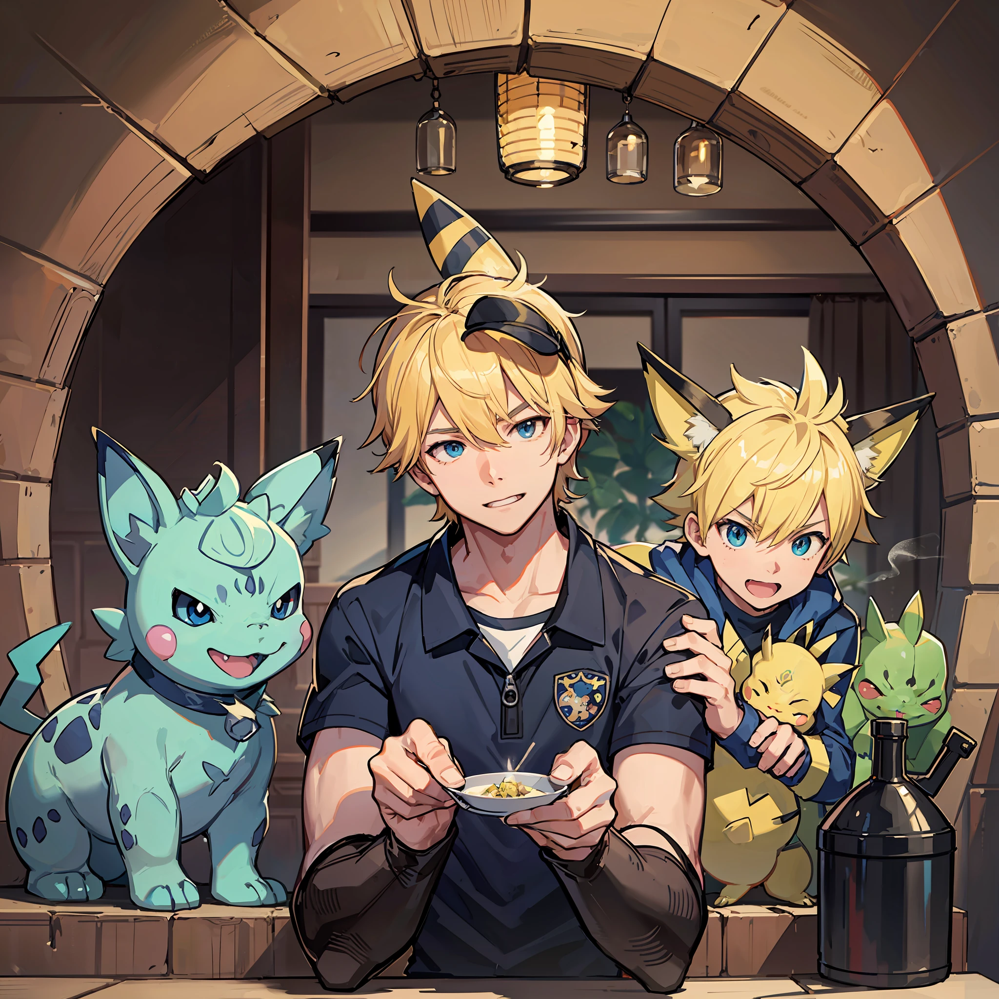 Steve irwin, 1 boy, male focus, blonde hair, training Pikachu, Vaporeon, Jolteon and Bulbasaur in a Pokemon Gym