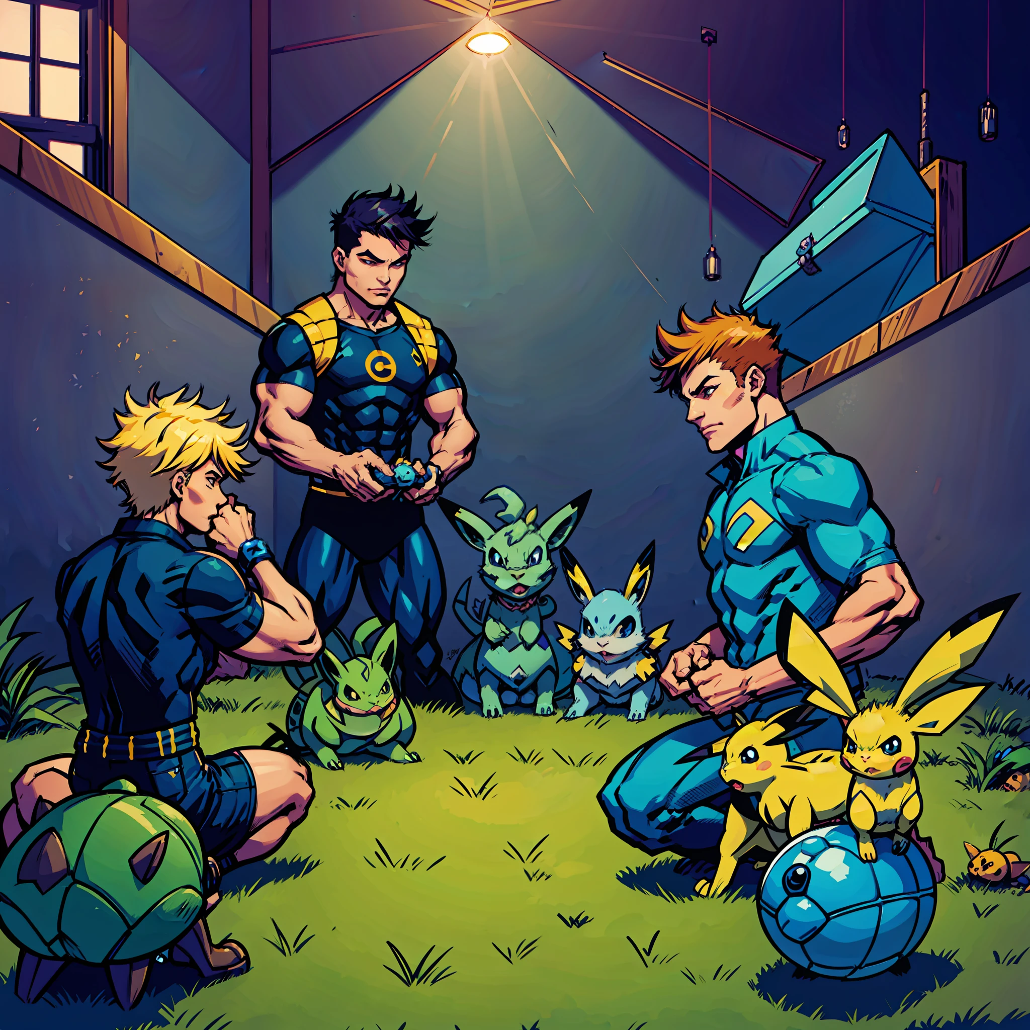 Steve irwin training Pikachu, Vaporeon, Jolteon and Bulbasaur in a Pokemon Gym