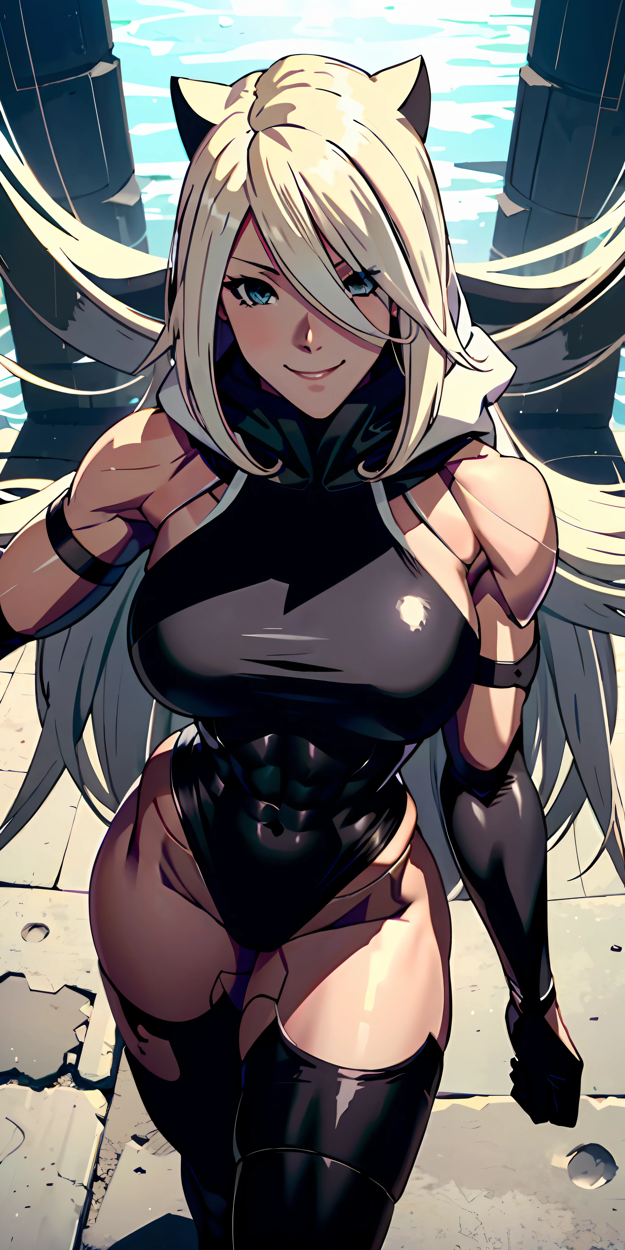 anime waifu bodybuilder, beautiful face, smiling face, perfect body, fit body, looking at some object underneath, abdomen, large breasts, muscular, ((hair) long and blonde), ((clothing) white color tight swimsuit, torn), (torn cape at the tip covering the body of black color, and hood covering the head of black color), character A2, (white and torn bandages on the arms and legs), (((top view)))