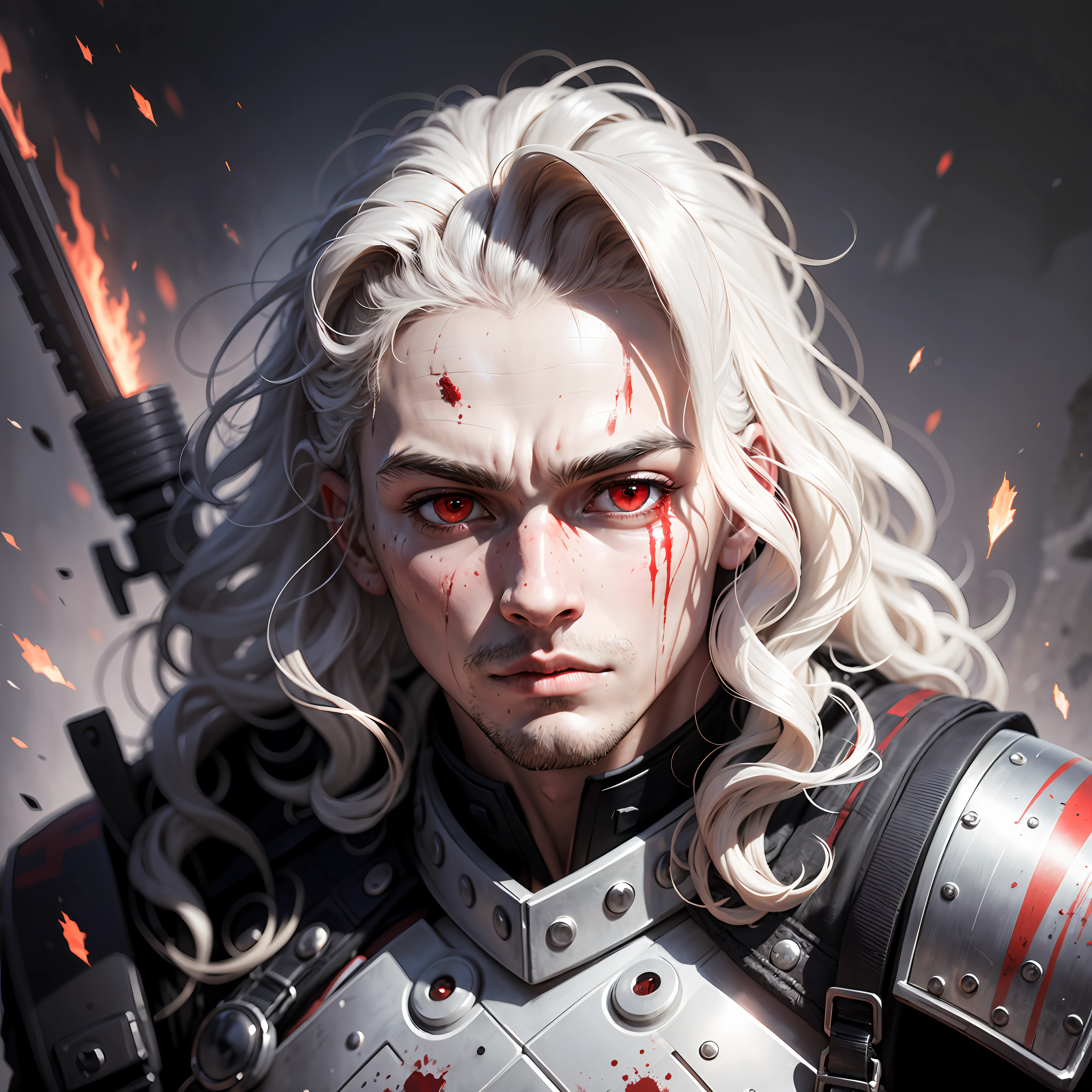 1 man, Soldier, brave, frizzy hair, red eyes, terror, death, dark, blood on nose, focus on face, ultra realistic, ultra-detailed, side white light, masterpiece, 16k, --auto --s2