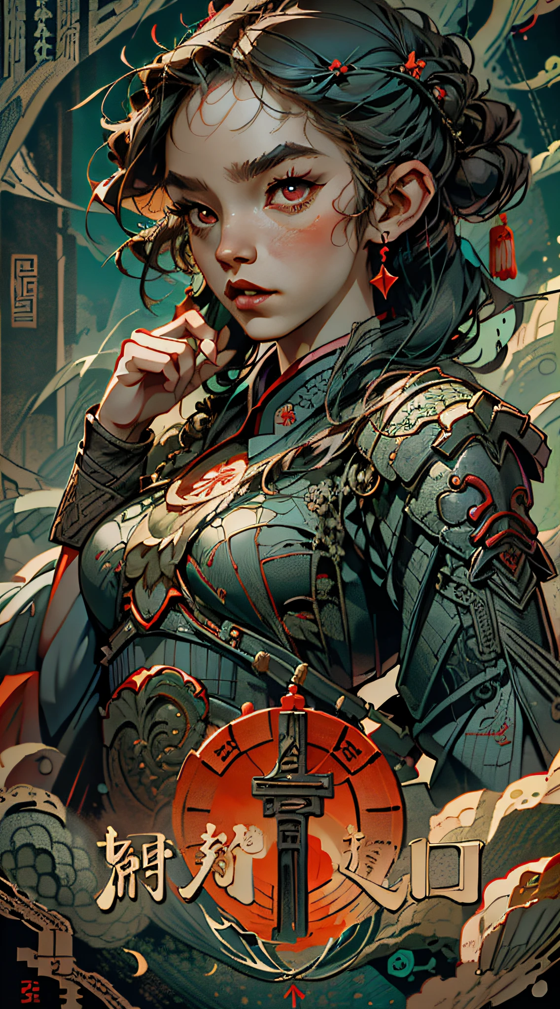 (best quality, movie poster style), a beautiful woman with (one red eye:1.2),(meaningful chinese script writing:1.1), combining the elements perfectly together.