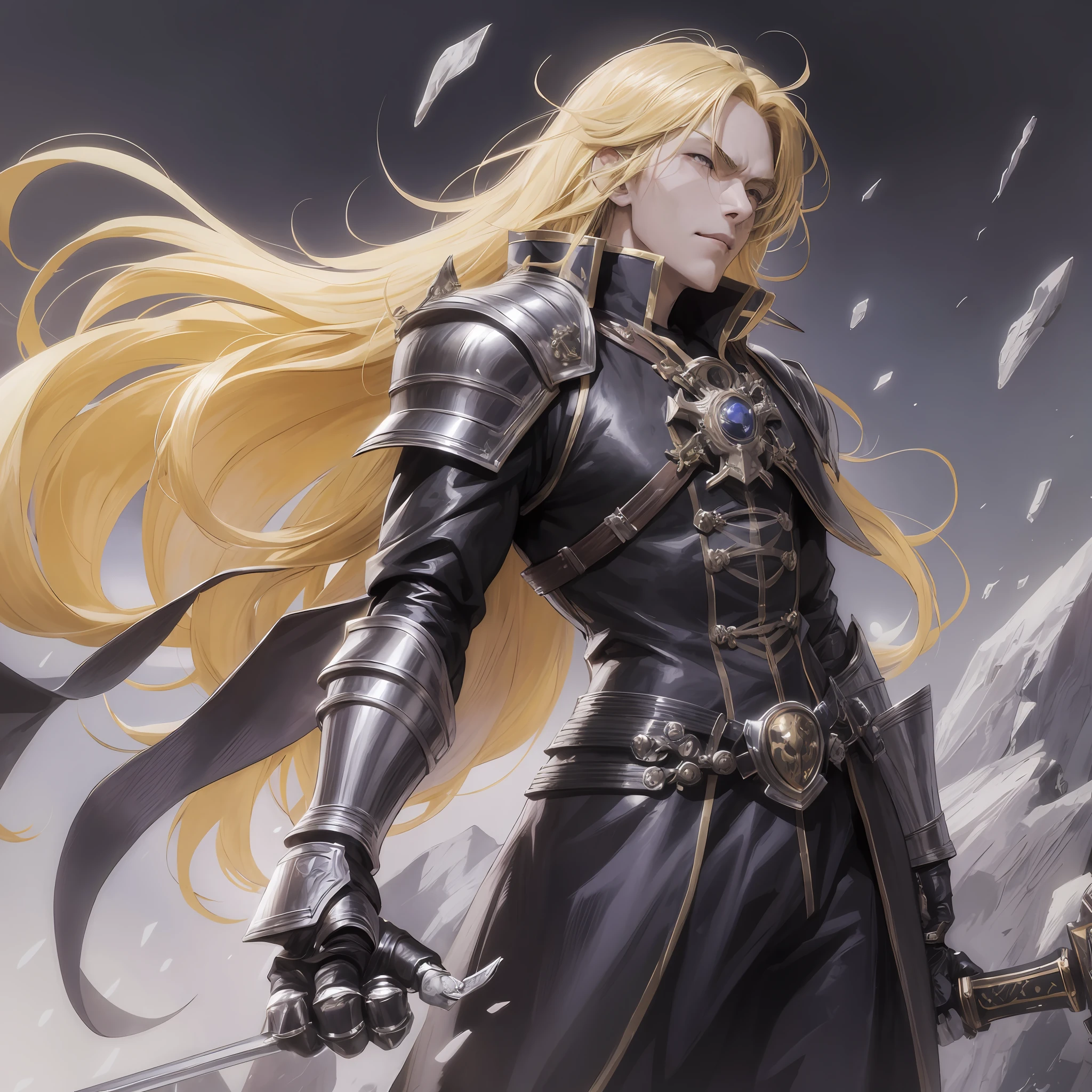 Anime, long blonde hair, male, sad face, pointing, wearing a paw, gauntlet sword, black clothes, black overcoat, dark, gothic, sarcastic smile, furious, arms outstretched, holding a gauntlet sword paw, cold, shadow powers, frozen place, next to a giant made of shadows, shadows, dark giant