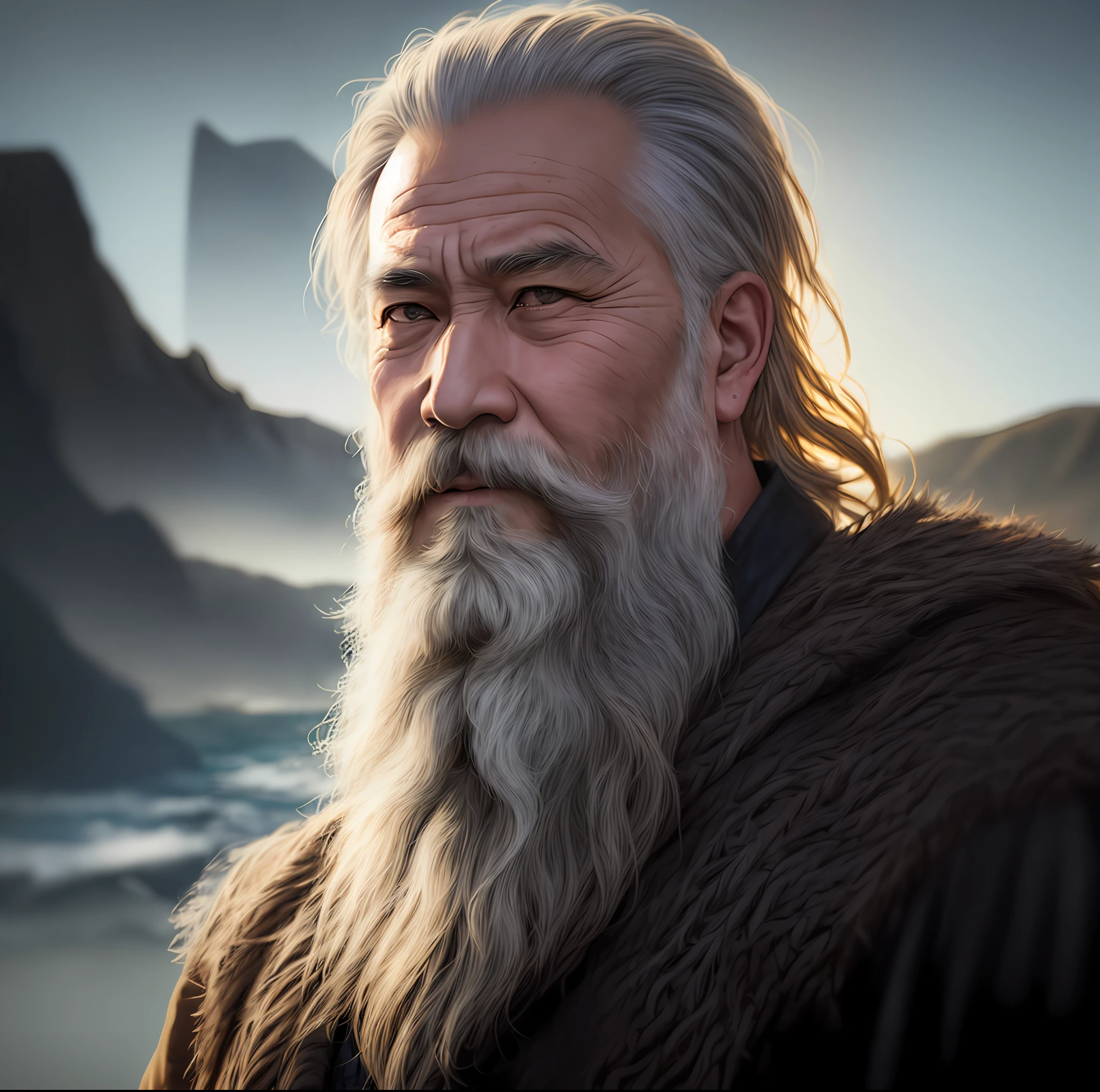 there is a man with a long beard and a beardless face, painted portrait of rugged odin, highly realistic digital art, cinematic realistic portrait, 4k highly detailed digital art, highly detailed vfx portrait, cinematic digital painting, photorealistic digital painting, highly detailed vfx portrait of, realistic digital painting, realistic digital art 4 k, realistic digital art 4k