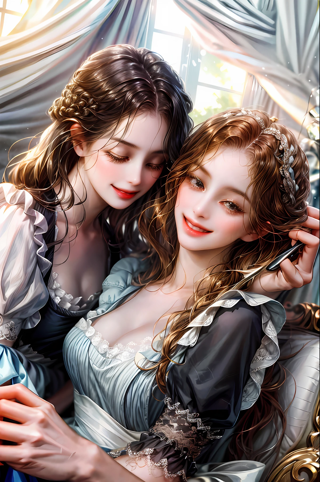 Two girls help the maid and maid woman comb her hair The noble woman smiles happily, the maid cousin maid does everything with love and devotion, the maid takes care of the male master with great pleasure,