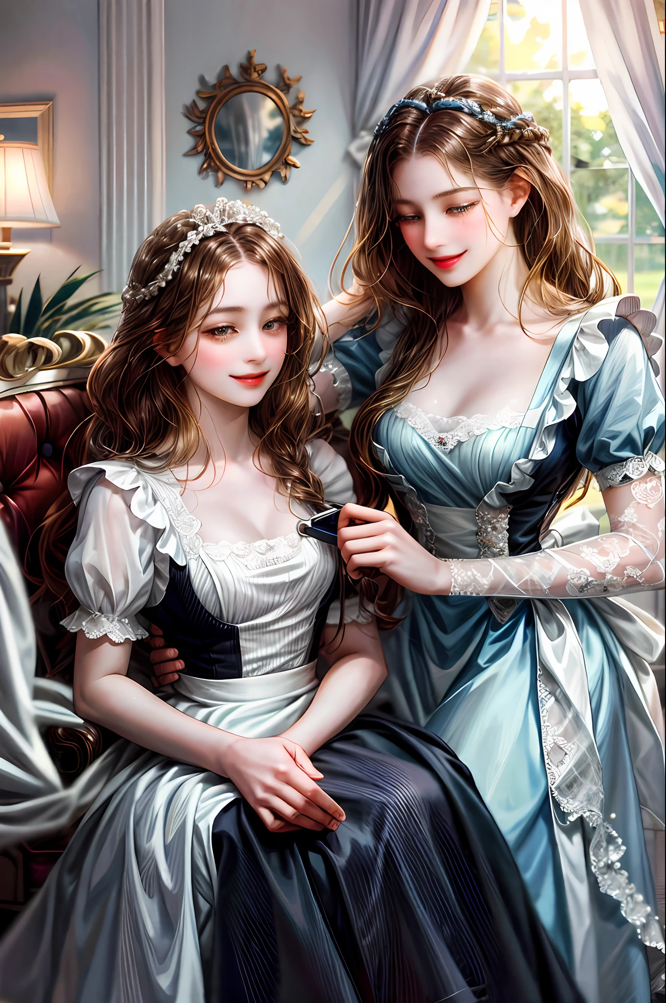 Two girls help the maid and maid woman comb her hair The noble woman smiles happily, the maid cousin maid does everything with love and devotion, the maid takes care of the male master with great pleasure,