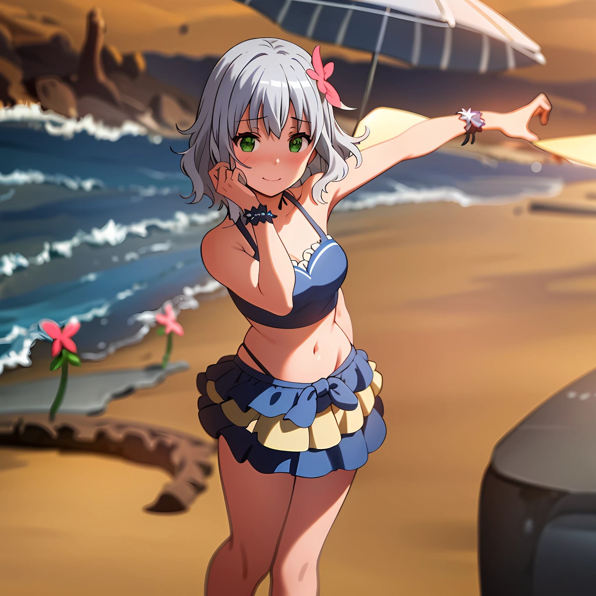 top quality, (masterpiece: 1.2), very detailed, beach, sand, sea, sunbeams, splash,
1 girl, solo, muse, mouth open, smile, blush, look at the viewer,
gray hair, short hair, green eyes, hair flowers, blue bikini, ruffled bikini, realistic, full body, wind, flower, glowing skin, movie,