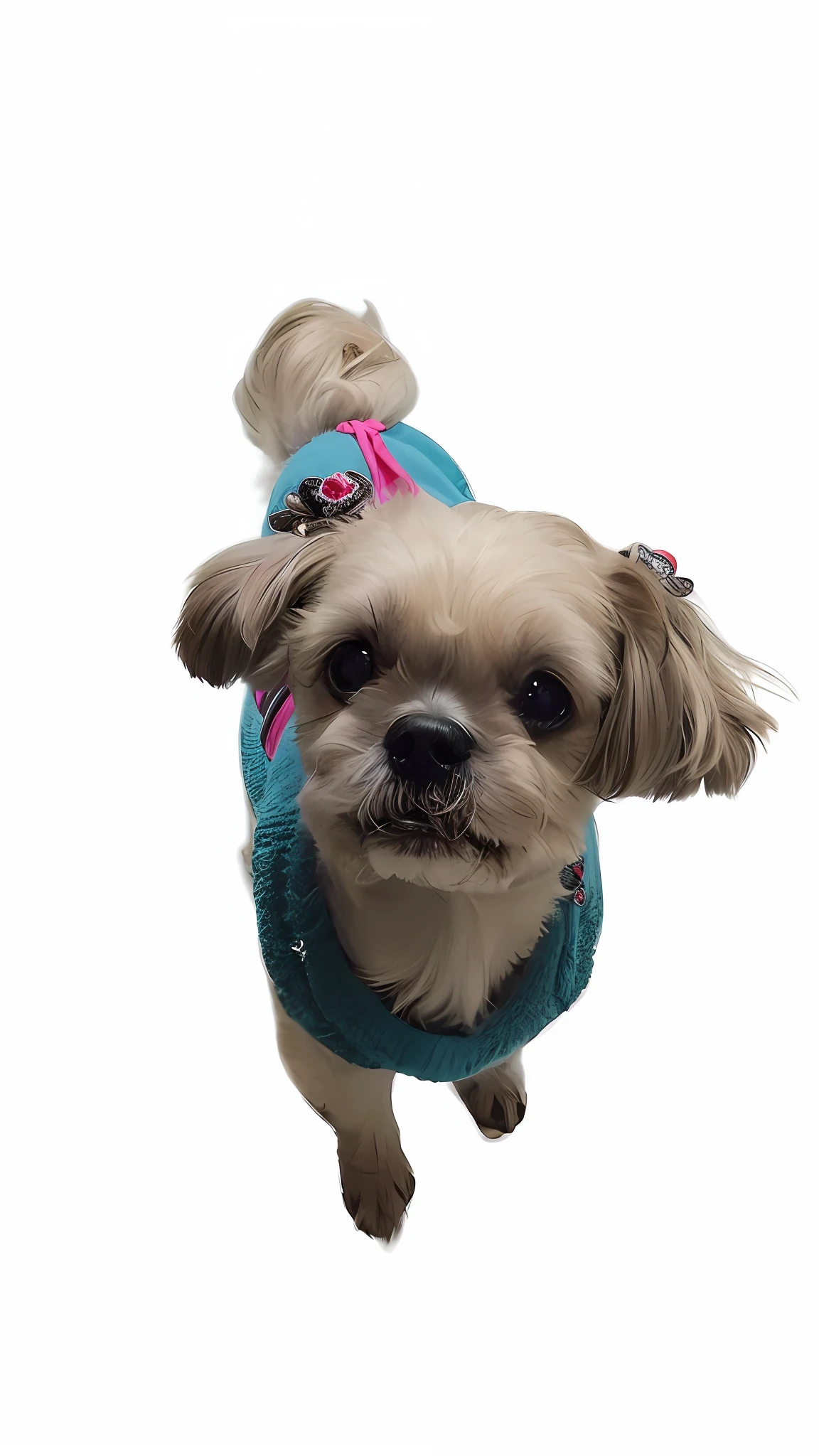 araffe dog wearing a blue sweater and a pink bow, miko, n-9, n - 9, n -9, n- 9, suki, tuffle coat, shih tzu, jazzy, portrait n - 9, wearing a fancy jacket, bella, wearing a neon blue hoodie, looks smart, portrait shot, poppy, fully decorated