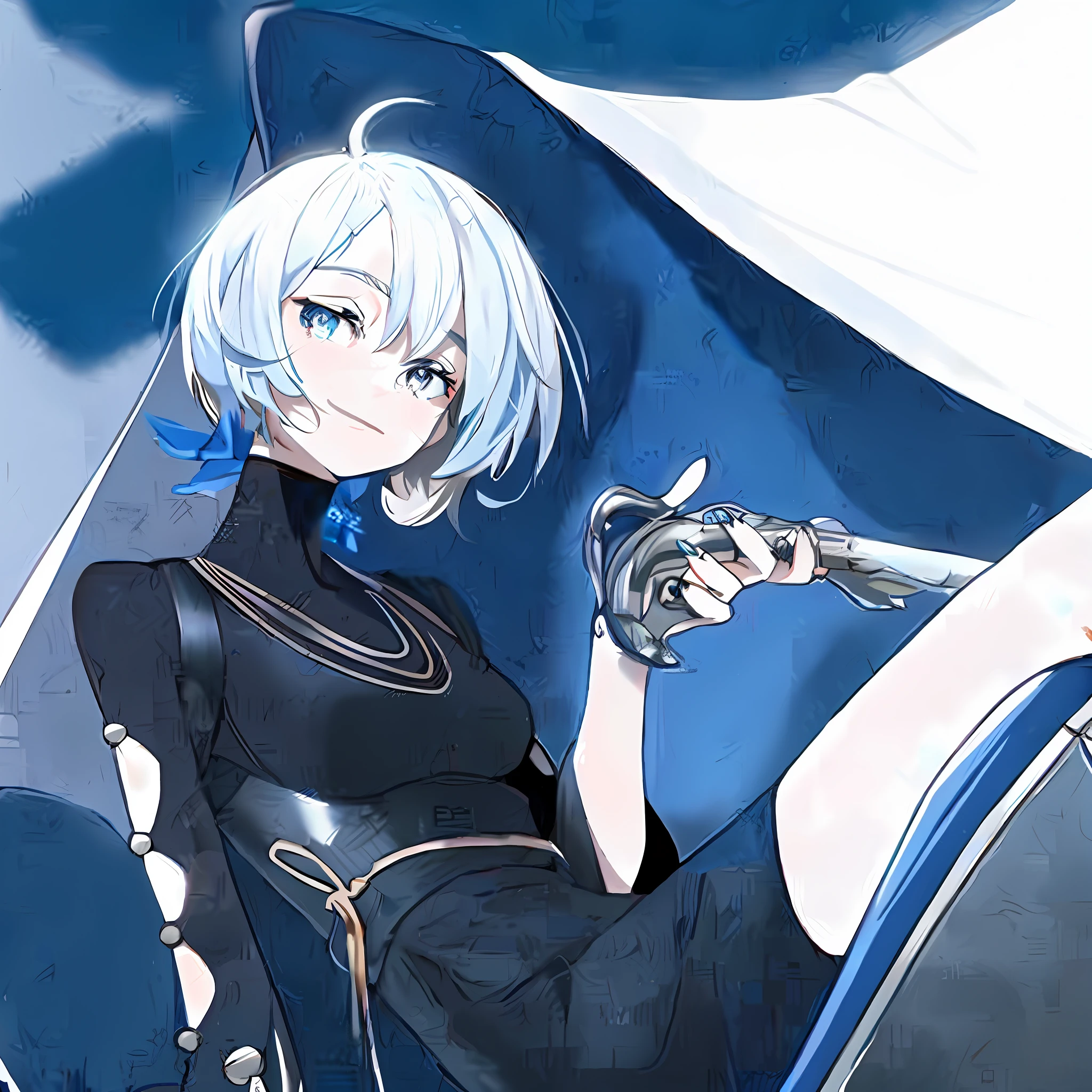 anime, a woman in a black dress sitting on a chair with a sword, rogue anime girl ayanami king, inspired by Li Chevalier, pin in anime, perfect white-haired girl, girl with short white hair, white hair, "beautiful anime woman, 2b nier automatons, white hair, cyborg - girl with silver hair, perfect android girl, CYBERPUNK STYLE