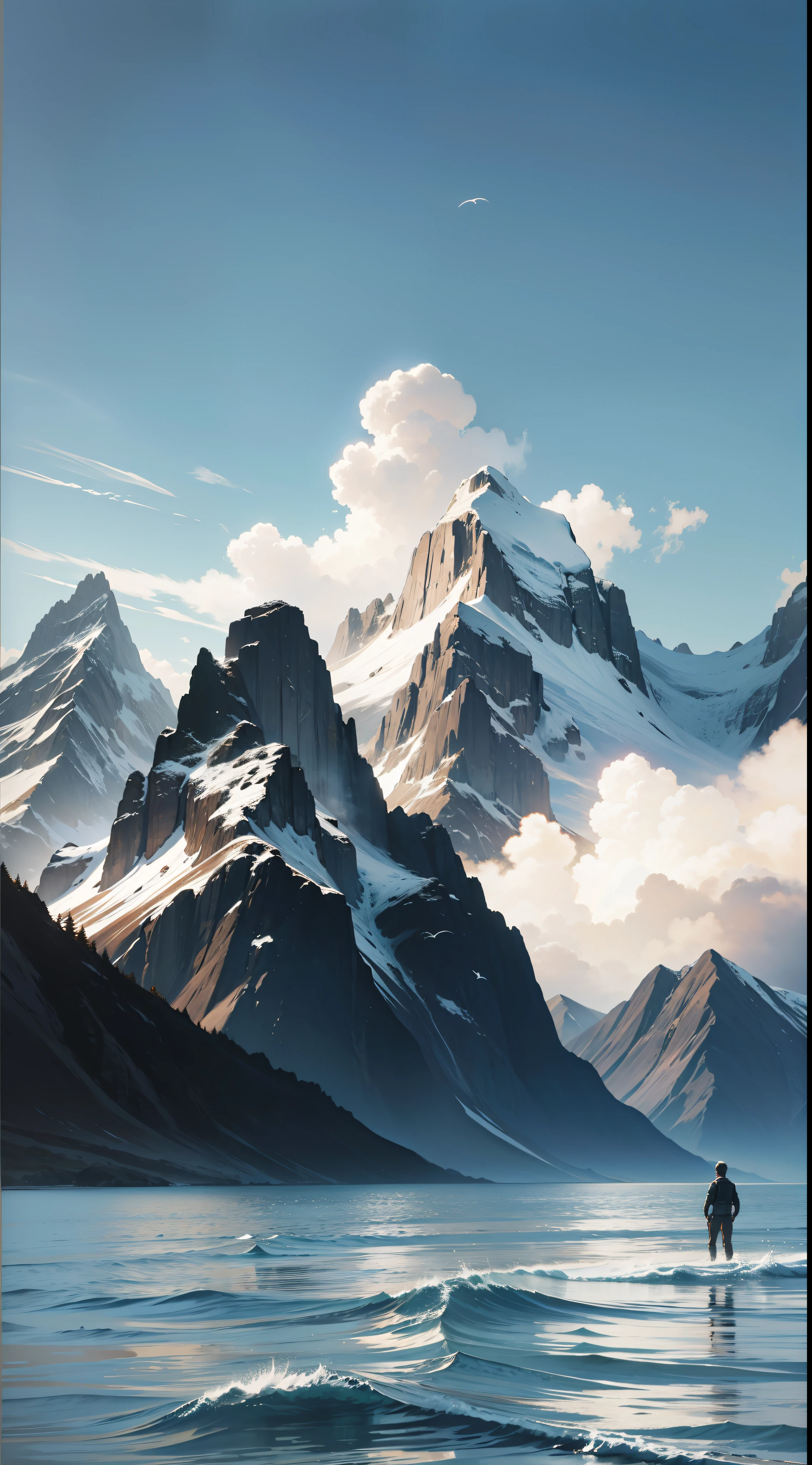 a huge landscape of mountains floating over the sea, a tiny silhouette of a man looking at those mountains