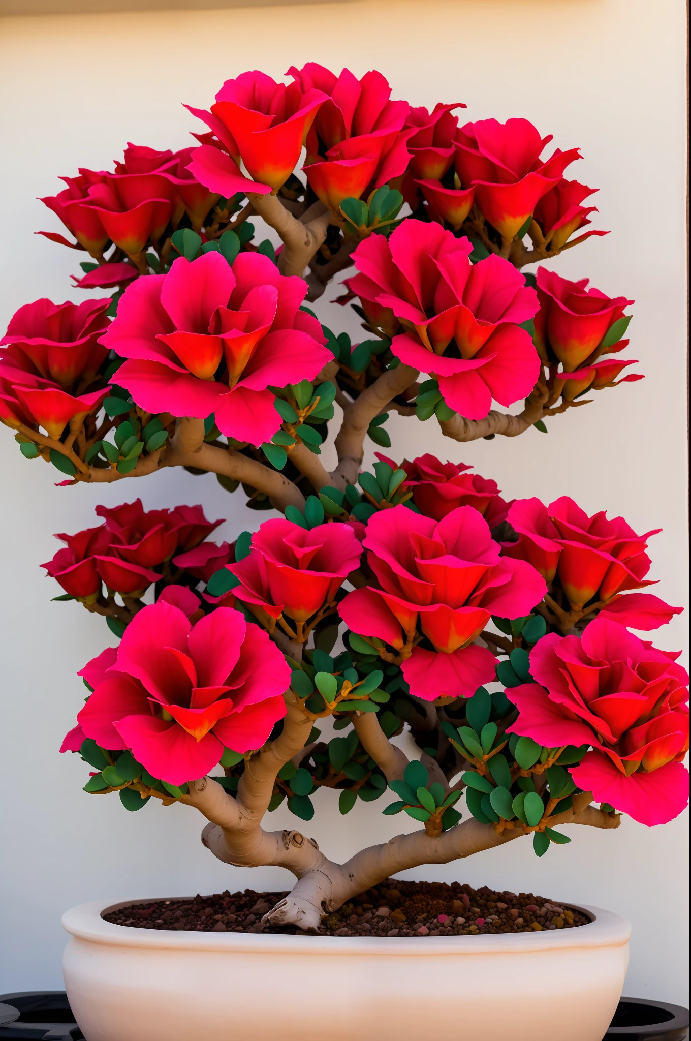Desert rose adenium with huge bonsai shaped caudex with many roses in dark red hue with double petals. Landscape containing many desert roses all in bloom.