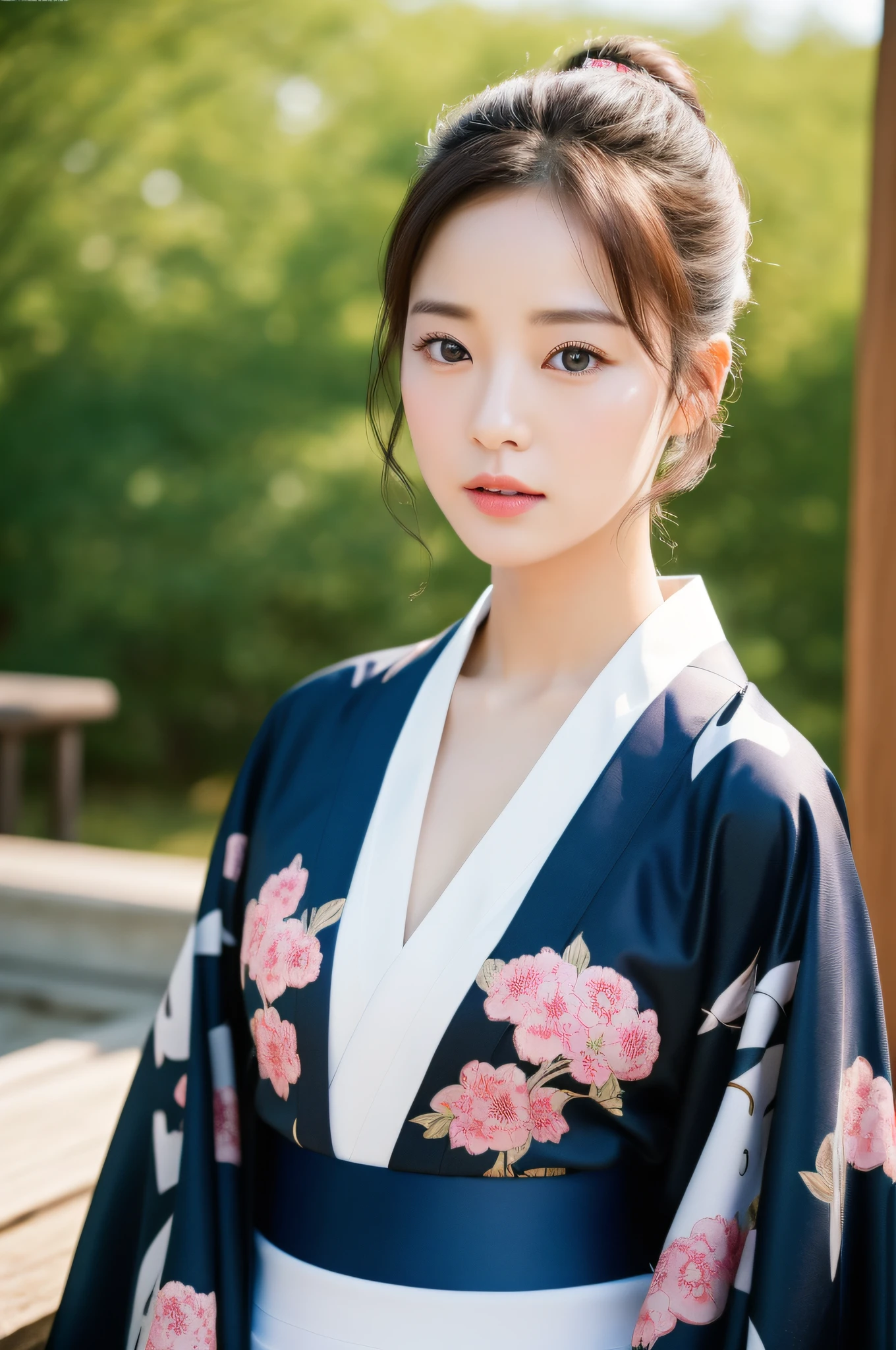 ((Top Quality, 8K, Masterpiece: 1.3)), Sharp Focus: 1.2, (Super Beautiful Face: 1.0), (Glossy Skin: 1.0), Realistic Photos, Black Hair, Realistic Pupils, Movie Lighting, Highly Detailed Eyes and Face, Movie Lighting, (Cowboy Shot: 1.0), (kimono, hakama, obi: 1.15), (Korean Cute Actress), in nature, classic kimono,