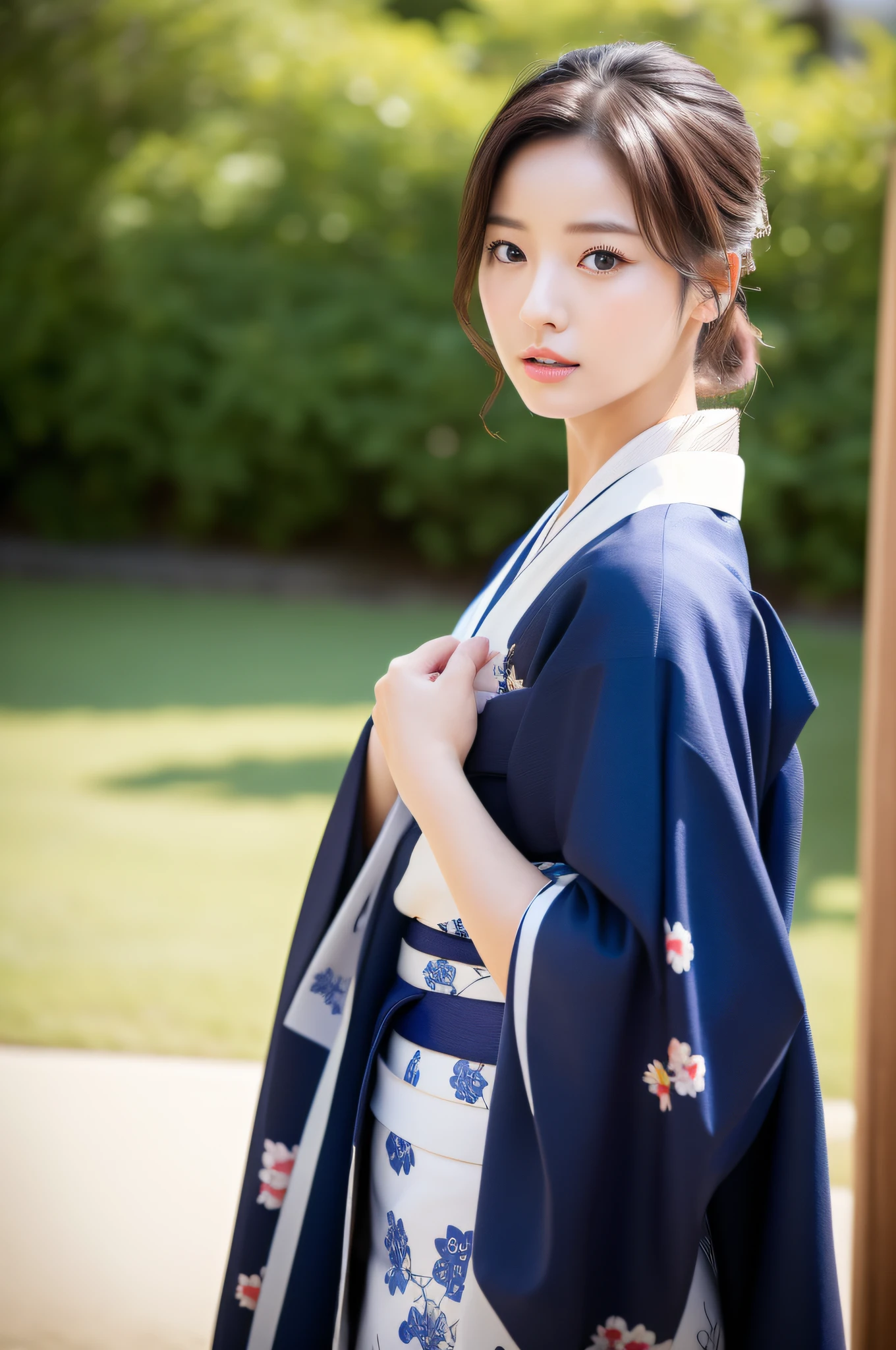 ((Top Quality, 8K, Masterpiece: 1.3)), Sharp Focus: 1.2, (Super Beautiful Face: 1.0), (Glossy Skin: 1.0), Realistic Photos, Black Hair, Realistic Pupils, Movie Lighting, Highly Detailed Eyes and Face, Movie Lighting, (Cowboy Shot: 1.0), (kimono, hakama, obi: 1.2), (Korean Cute Actress), in nature, traditional kimono, medium breasts, good posture