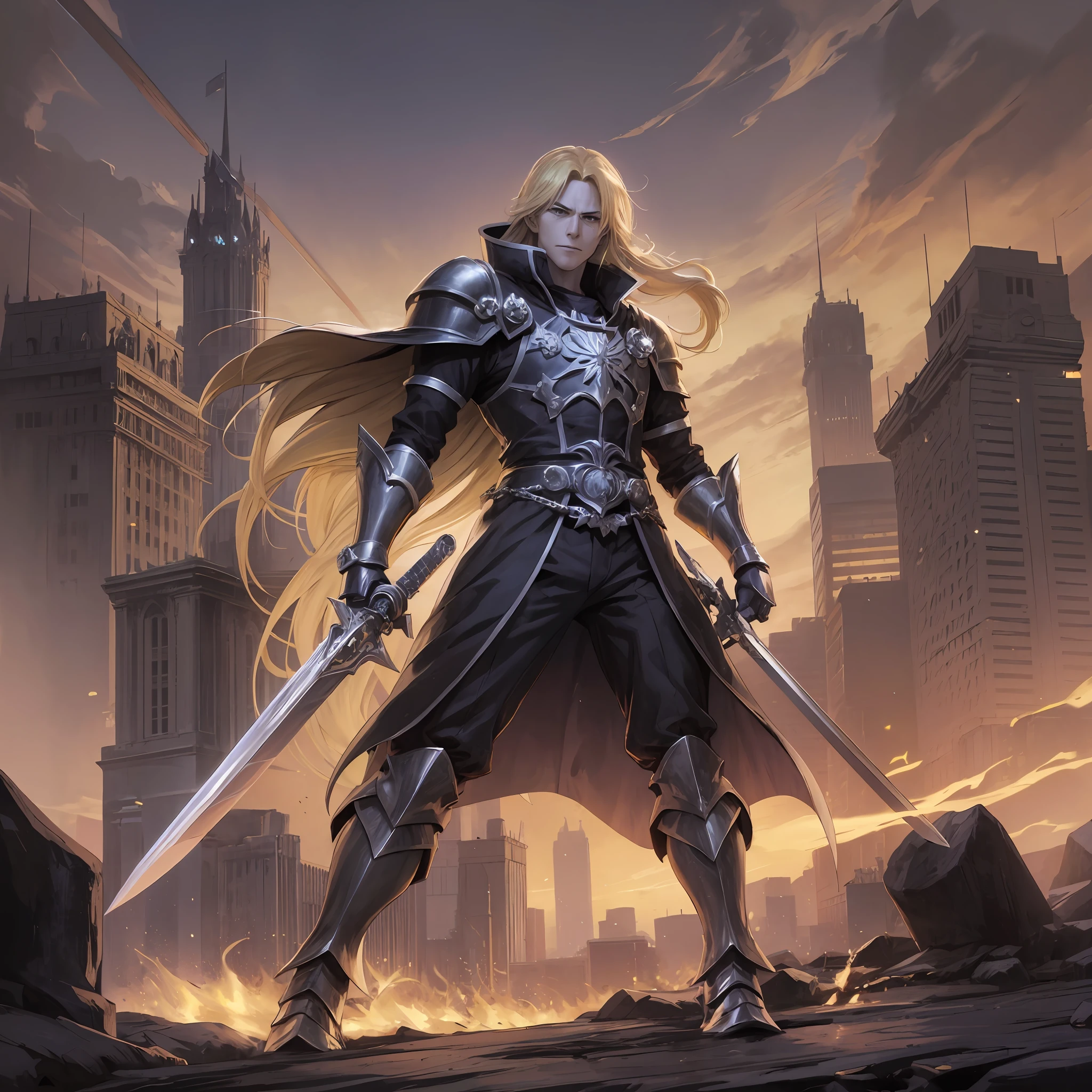 Anime, long blonde hair, male, sad face, pointing, wearing a paw, gauntlet sword, black clothes, black overcoat, dark, gothic, sarcastic smile, furious, arms outstretched, holding a gauntlet sword paw, cold, shadow powers, frozen place, next to a giant made of shadows, shadows, dark giant