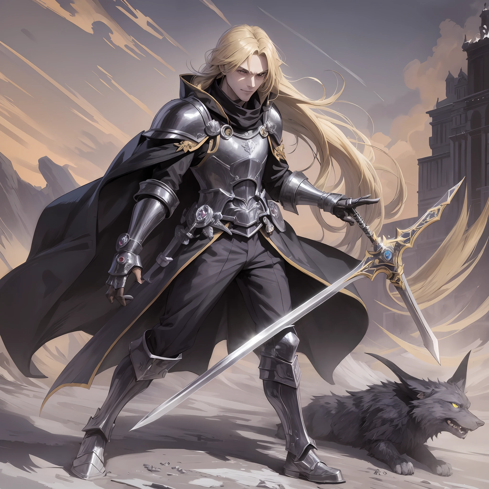 Anime, long blonde hair, male, sad face, pointing, wearing a paw, gauntlet sword, black clothes, black overcoat, dark, gothic, sarcastic smile, furious, arms outstretched, holding a gauntlet sword paw, cold, shadow powers, frozen place, next to a giant made of shadows, shadows, dark giant