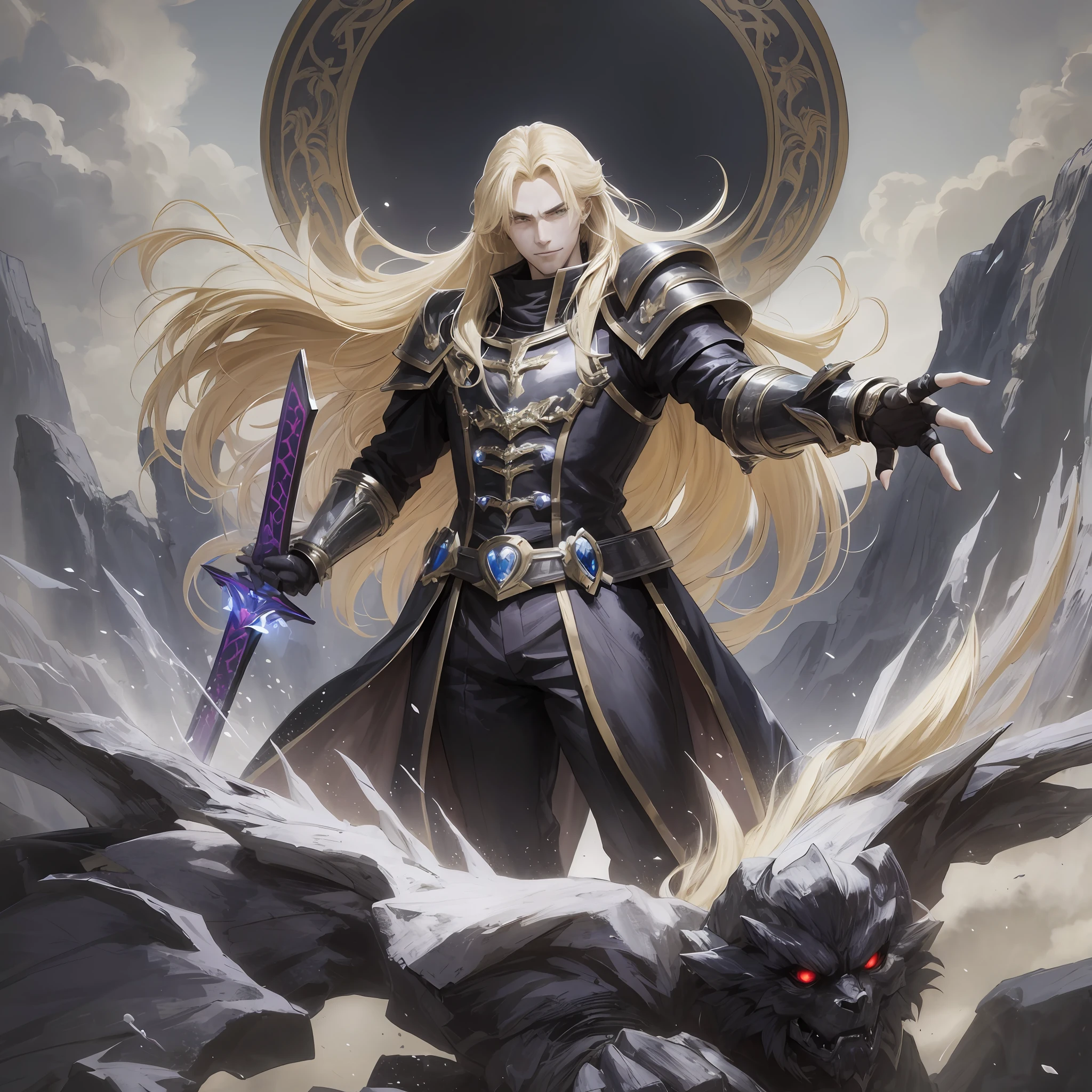 Anime, long blonde hair, male, sad face, pointing, wearing a paw, gauntlet sword, black clothes, black overcoat, dark, gothic, sarcastic smile, furious, arms outstretched, holding a gauntlet sword paw, cold, shadow powers, frozen place, next to a giant made of shadows, shadows, dark giant
