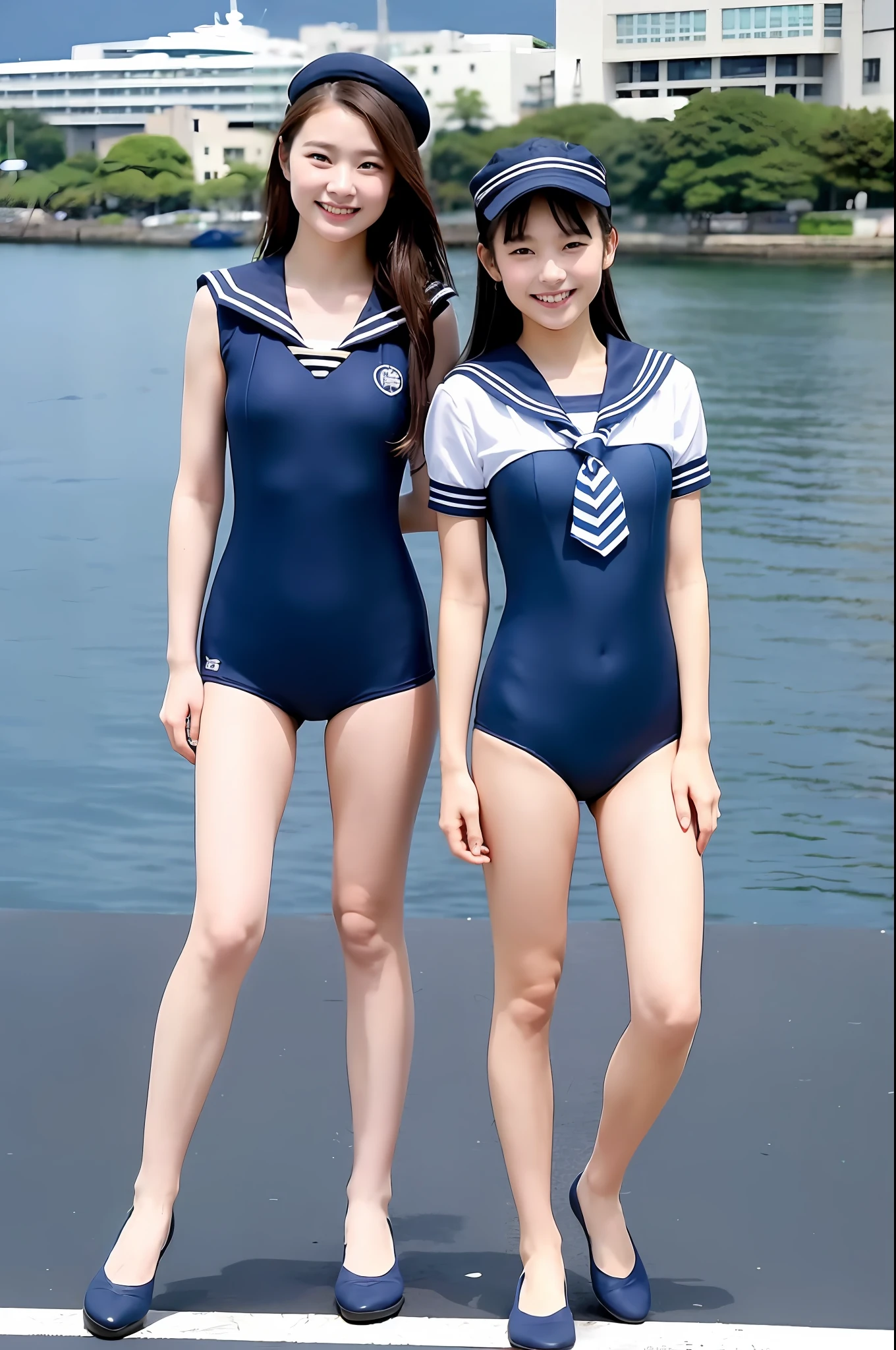 ((Girl in dark blue high-leg school swimsuit and sailor suit top)),r,Smiling,(Boy in sailor uniform),2 Walking with student bag,Sunny Japan harbor,[sailor hat]