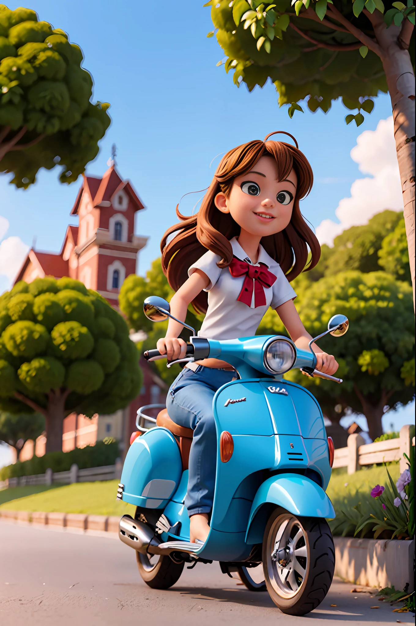 (masterpiece, top quality: 1.2), super detailed, cinematic lighting, HDR, beautiful girl straddling a scooter, looking at camera with one foot on the road surface, vespa, brown long hair, from the front, sun, clouds, sunlight through trees, contrails, rays, sea, slim body, hot pants, white blouse, beautiful smile, beautiful girl with whole body, clean detailed face, complex clothes, shining shadows, Beautiful gradient, depth of field, pretty image, high quality, high resolution, high resolution, cute face, slim body, nice hips, southern European town,
